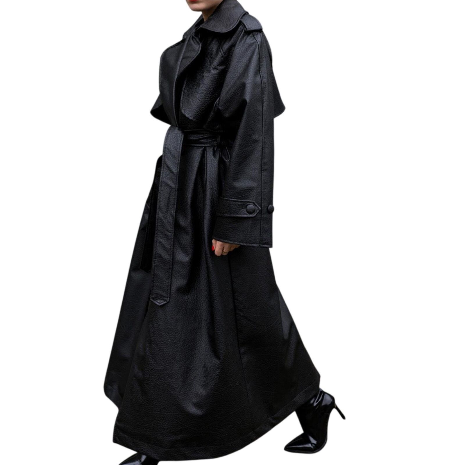 Other Black Faux Leather Trench Coat Women Long Belted Classic Size ONE SIZE - 5 Thumbnail