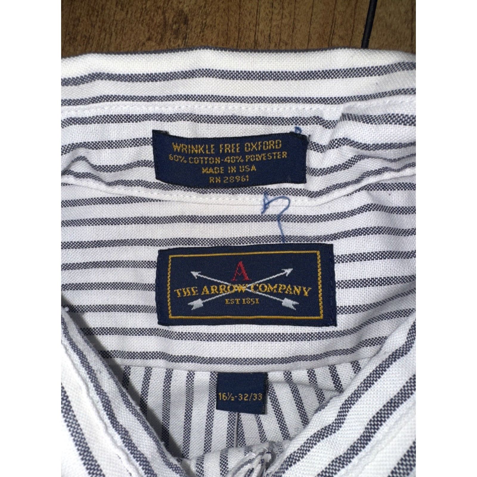 Arrow VINTAGE The Arrow Company Wrinkle Free Oxford Striped White/Blue Dress Shirt 16 1/2-32/33 Preppy Mens Size 42R - 4 Thumbnail