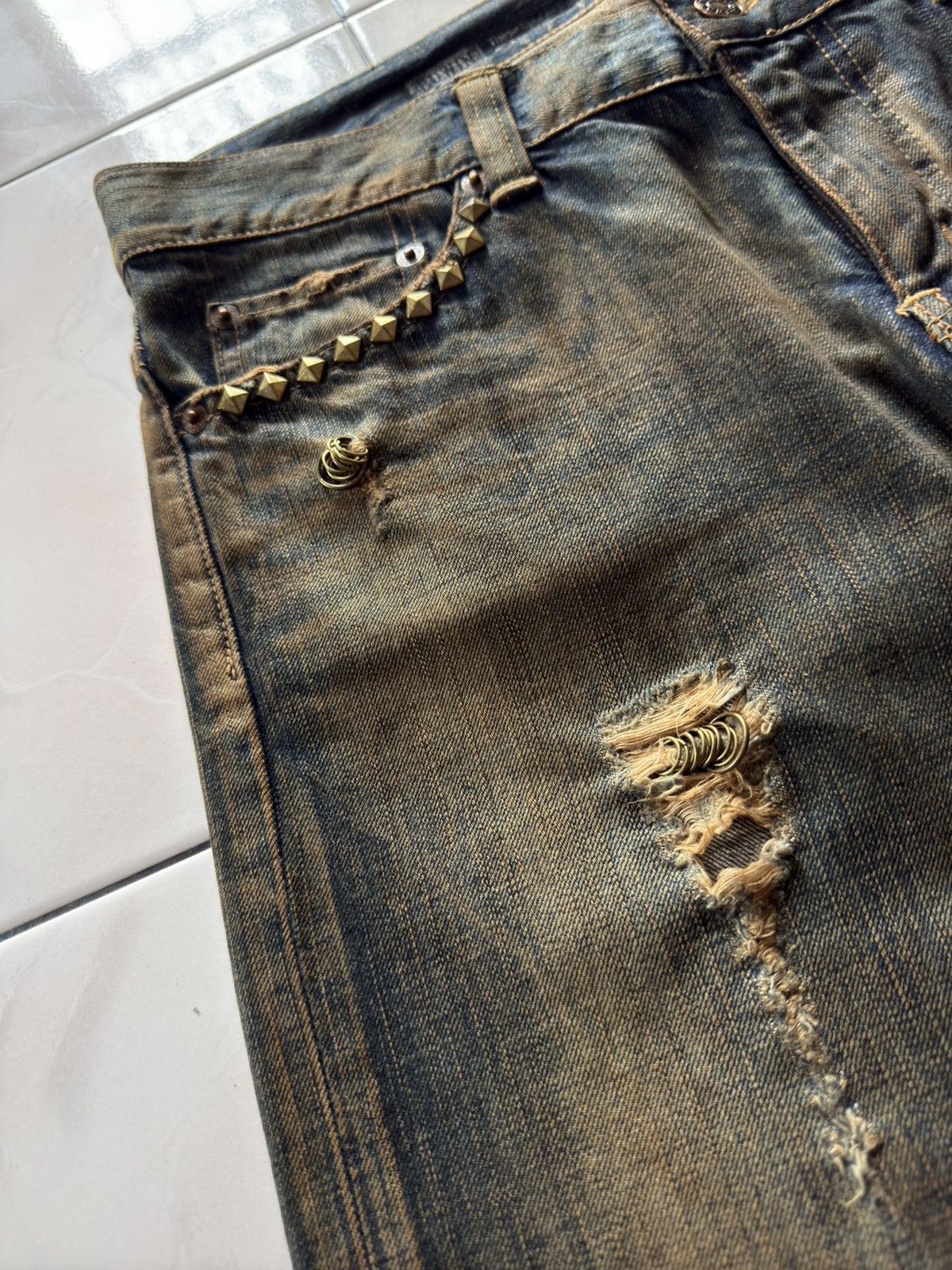 If Six Was Nine Rare Edwin 535 Pierced & Studs Heavy Mud Wash Flared Jeans Size US 32 / EU 48 - 9 Thumbnail