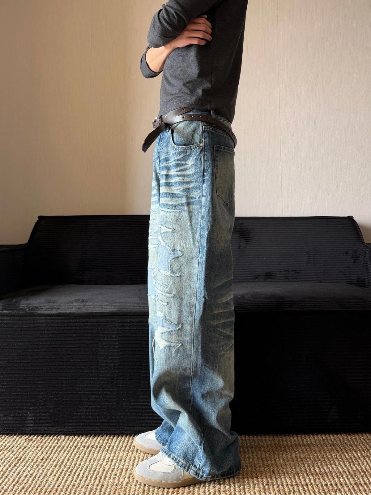 Vintage Blue Distressed Wide Leg Jeans, Baggy Denim Pants Size US 30 / EU 46 - 5 Thumbnail