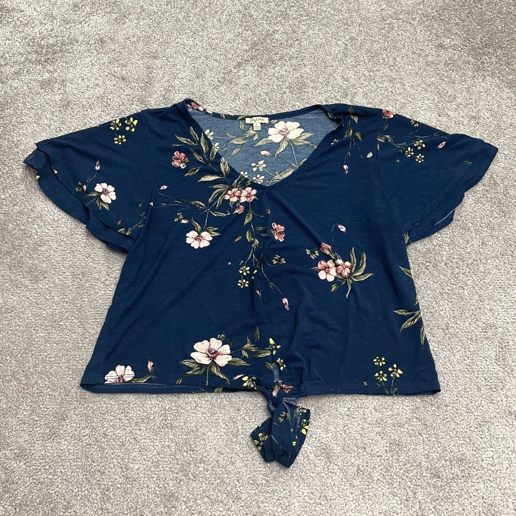 Vintage Lily White Cropped Top Womens Large Navy Blue Floral Short Sleeve Casual Blouse Size L / US 10 / IT 46 - 2 Thumbnail