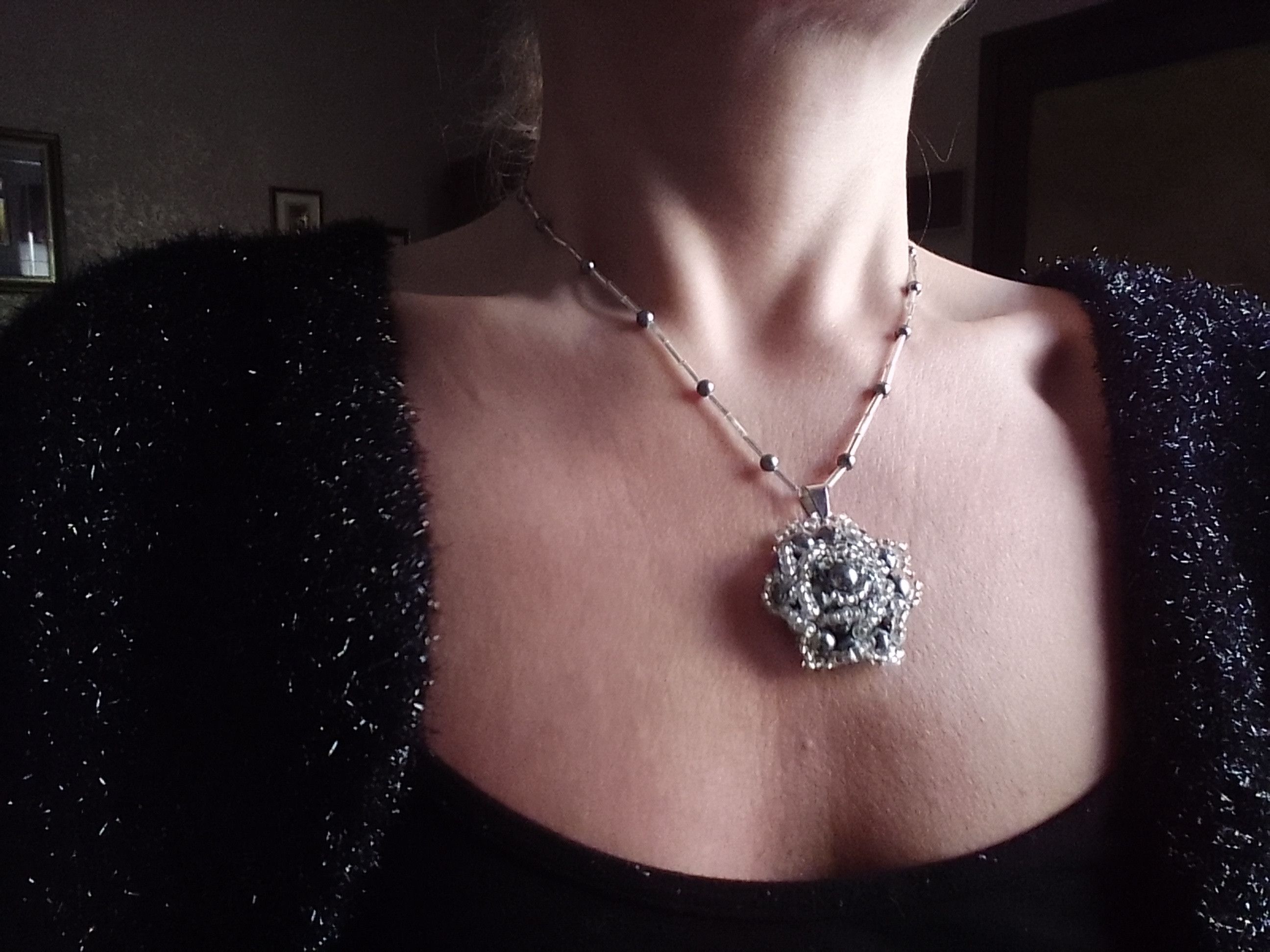 Handmade Necklace rose pendant earrings. Gray,silver. Elegant Size ONE SIZE - 5 Thumbnail