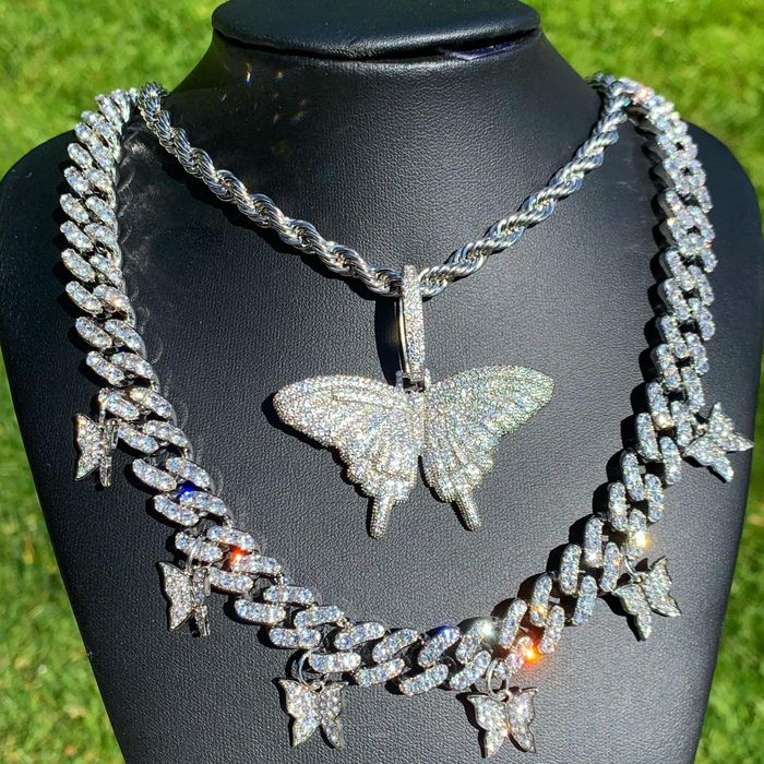 Cuban Link Chain Butterfly Necklace Set Rope Chain Cuban Link Chain
