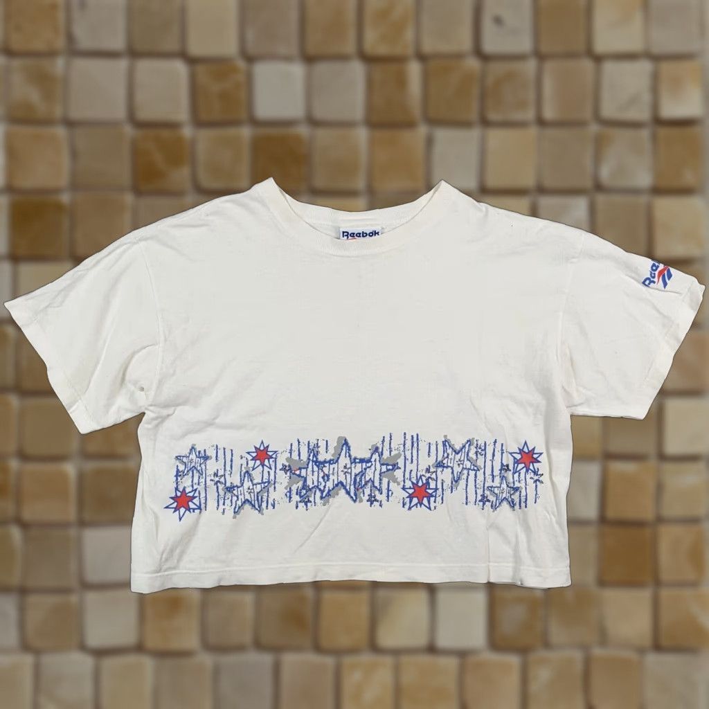 Reebok VINTAGE Reebok 90s Stars Cropped Athletic T-Shirt Women's Small White Short Sleeve Retro Y2K Size S / US 4 / IT 40 - 1 Thumbnail
