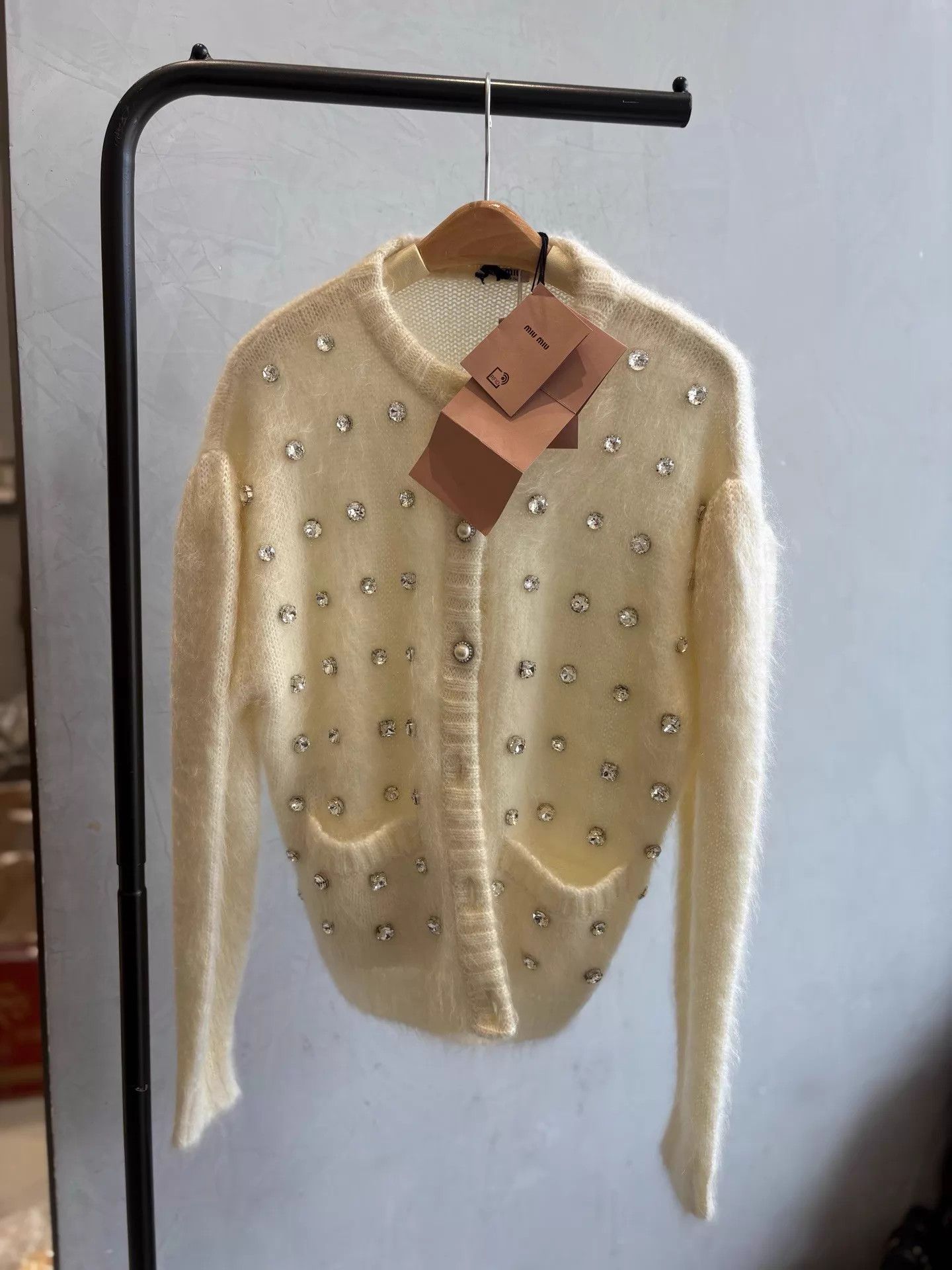 Miu Miu MIU MIU Ivory Wool-Mohair Full-Crystal Cardigan NWT Size XS / US 0-2 / IT 36-38 - 1 Thumbnail
