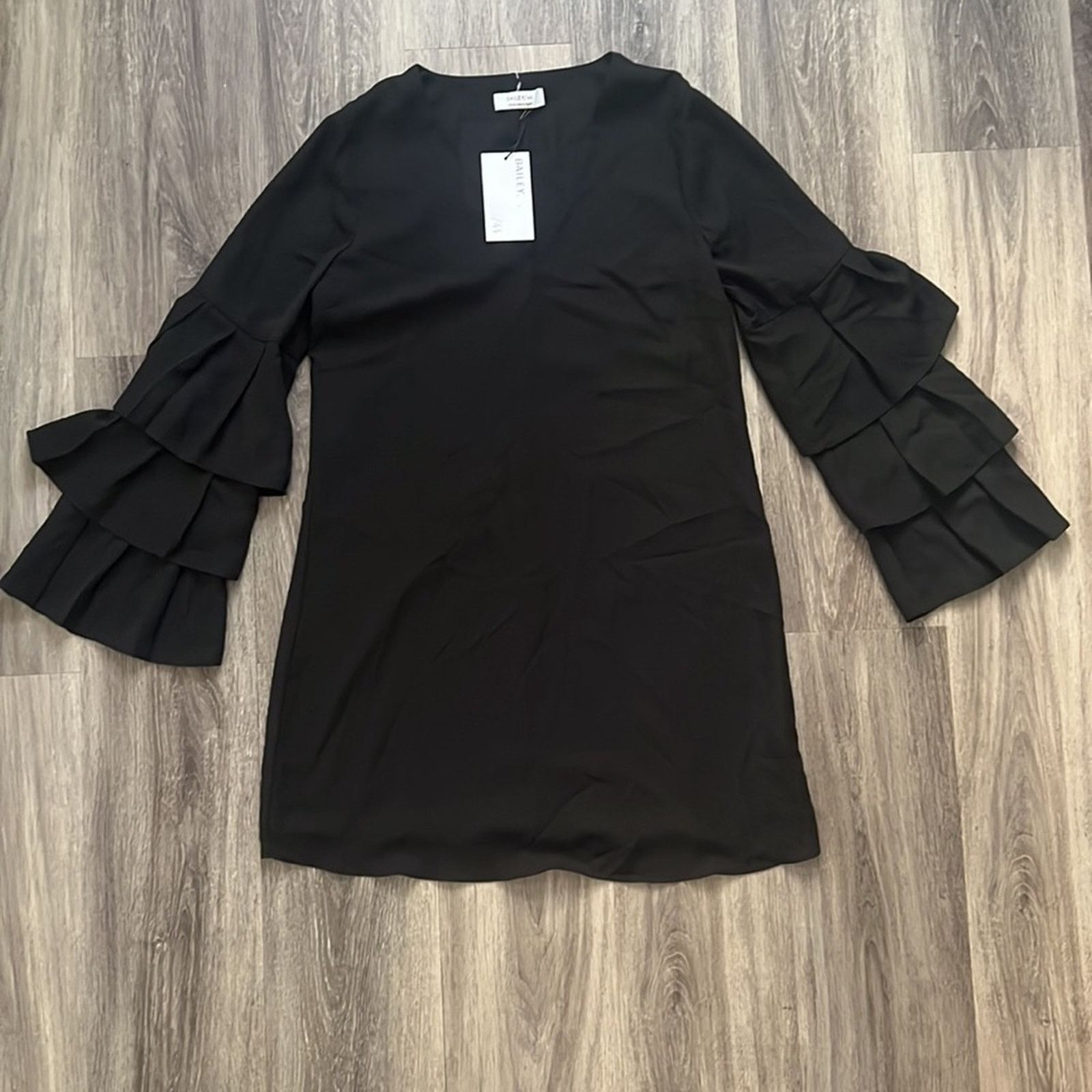 Bailey 44 Black Cocktail Dress Silk Bell Tiered Ruffle Sleeve Size M / US 6-8 / IT 42-44 - 2 Thumbnail