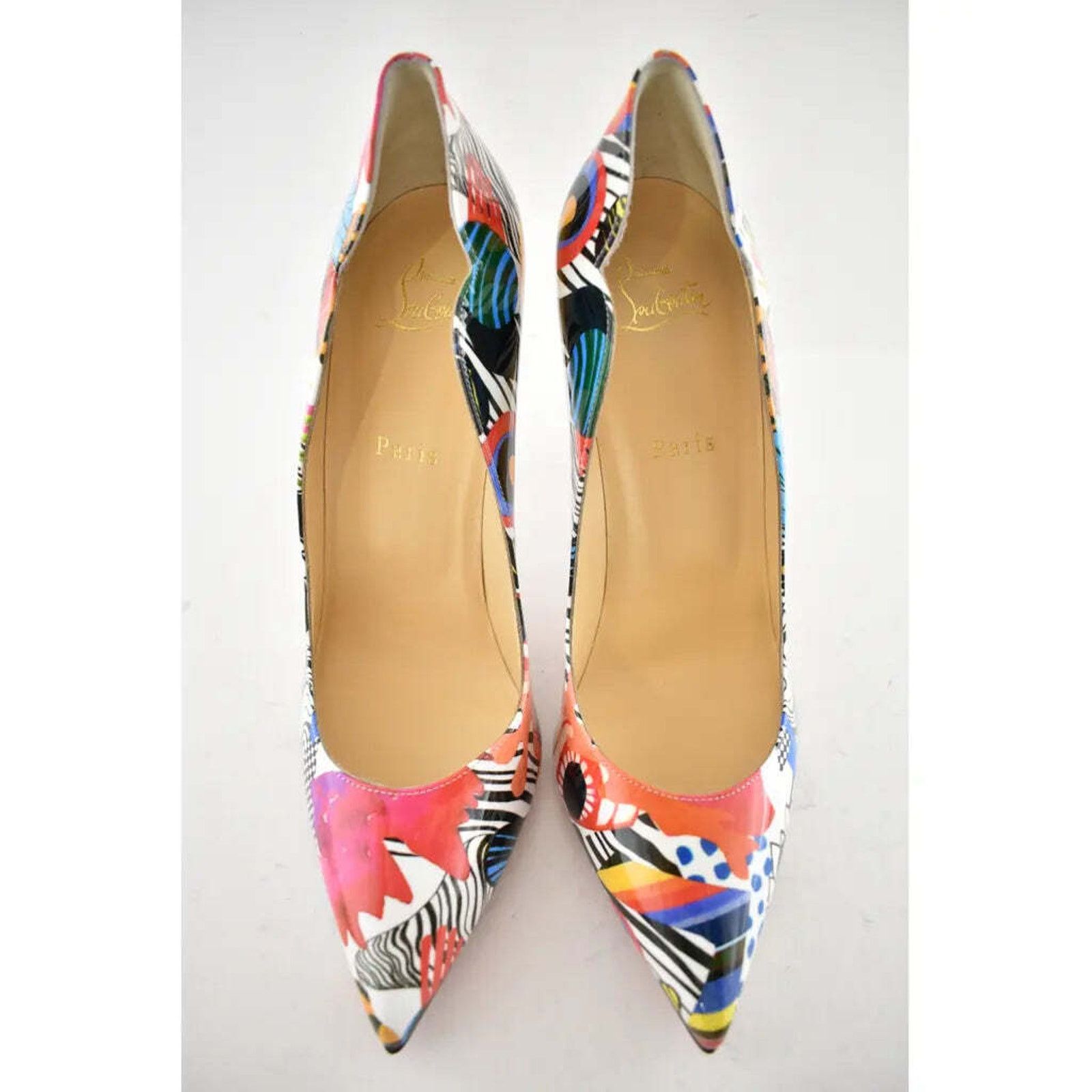 Christian Louboutin Hot Chick 100 Patent Sapeur Black Multicolor Heel Pump 37.5 Size US 7.5 / IT 37.5 - 7 Thumbnail