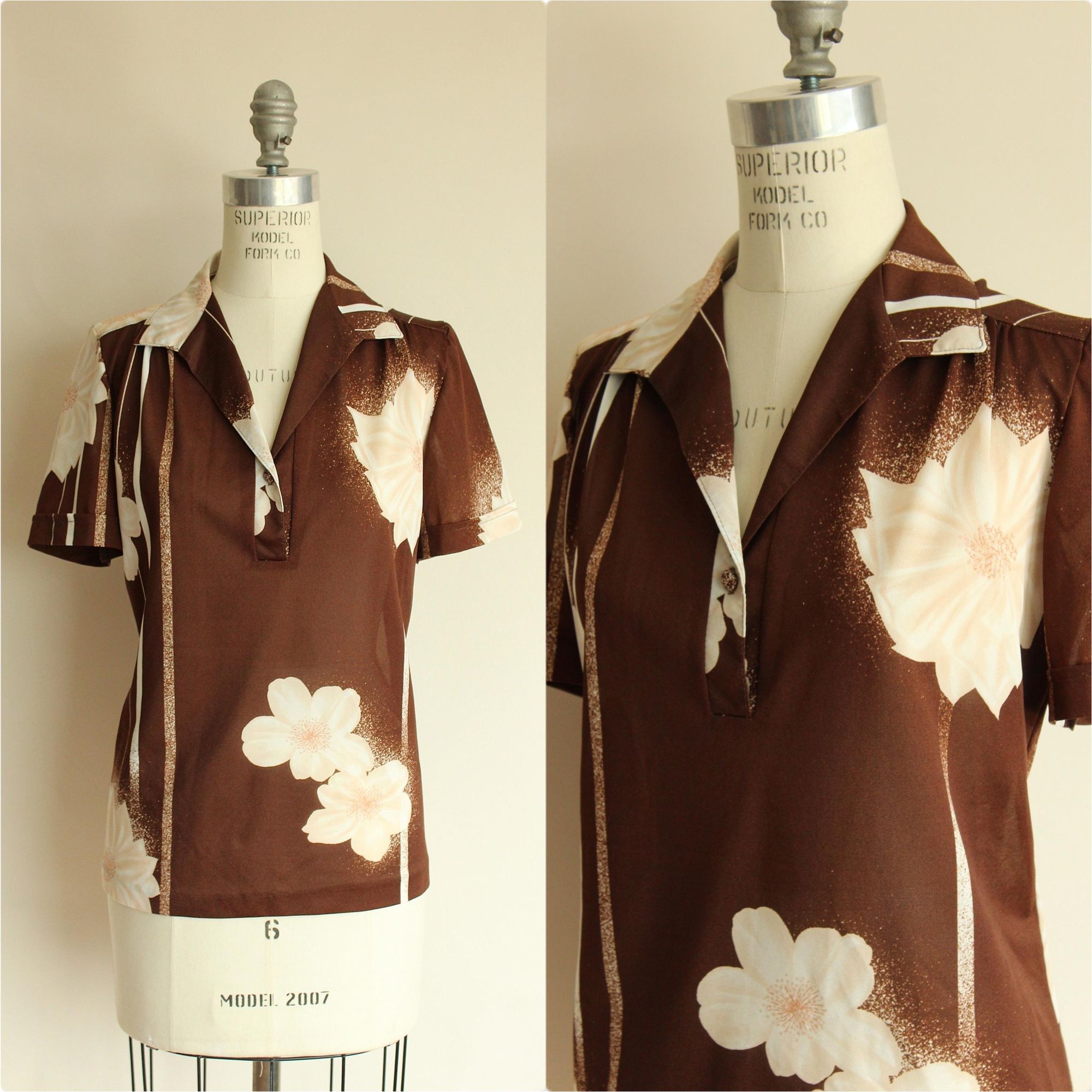 Vintage Vintage 1970s Blouse, Brown and White Floral Print Nylon Sho Size M / US 6-8 / IT 42-44 - 1 Thumbnail