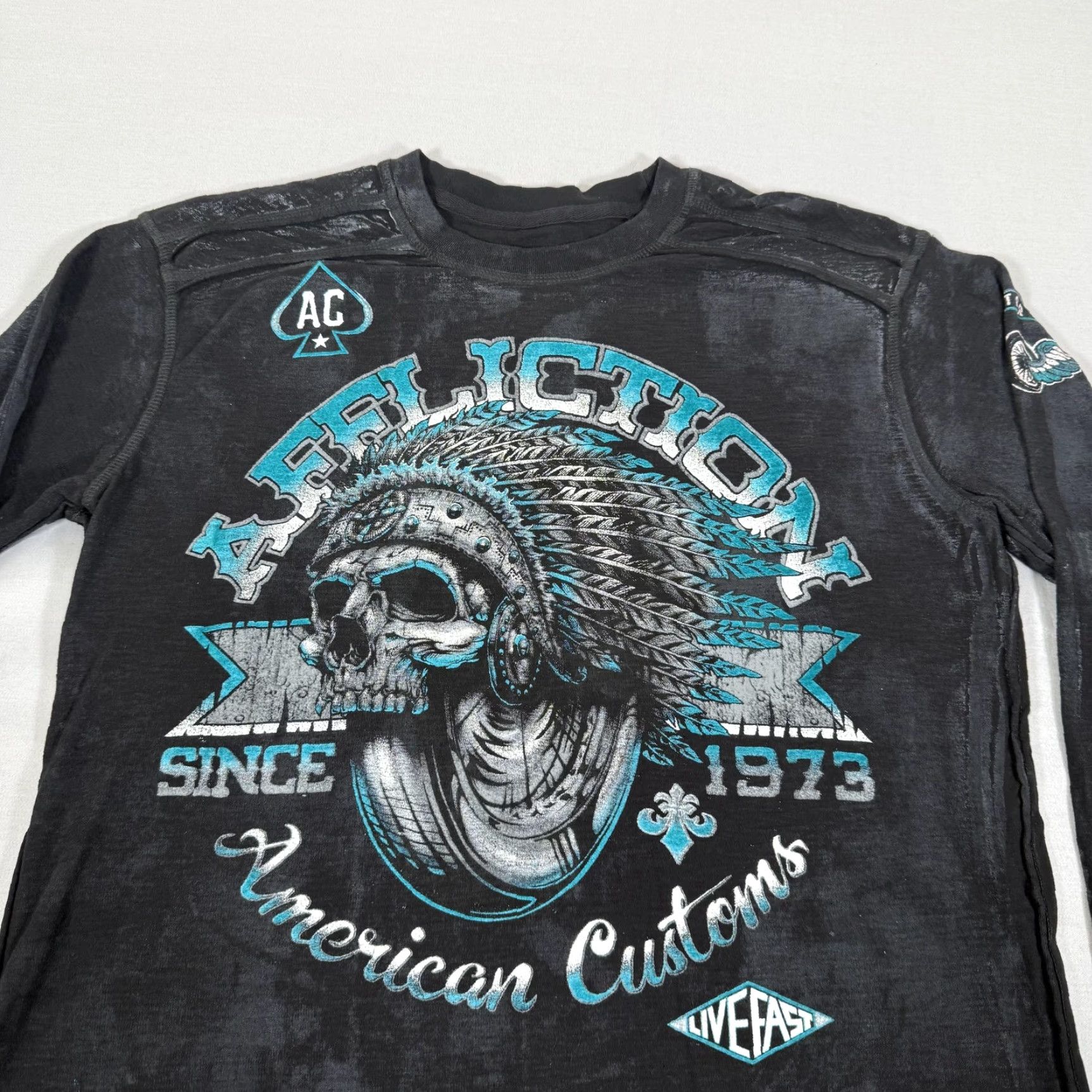 Affliction VINTAGE Affliction Shirt Mens L Black Skull Racing Long Sleeve Cross AOP Y2K Size US L / EU 52-54 / 3 - 2 Thumbnail