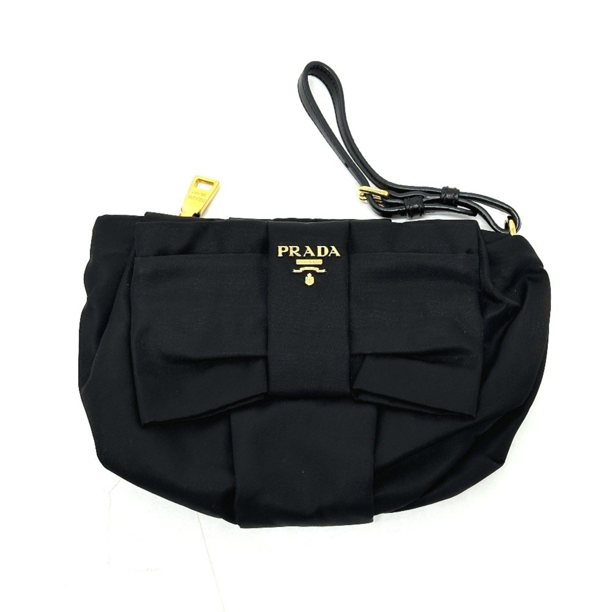 PRADA 1N1422 Logo Ribbon Strap Pouch Small Items Multi-Pouch Accessory Leather Nylon Women's Black