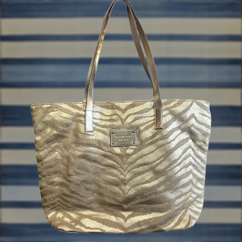 Vintage Michael Kors Gold Zebra Print Canvas Tote Women's Purse Shoulder Hand Bag Size ONE SIZE - 1 Thumbnail
