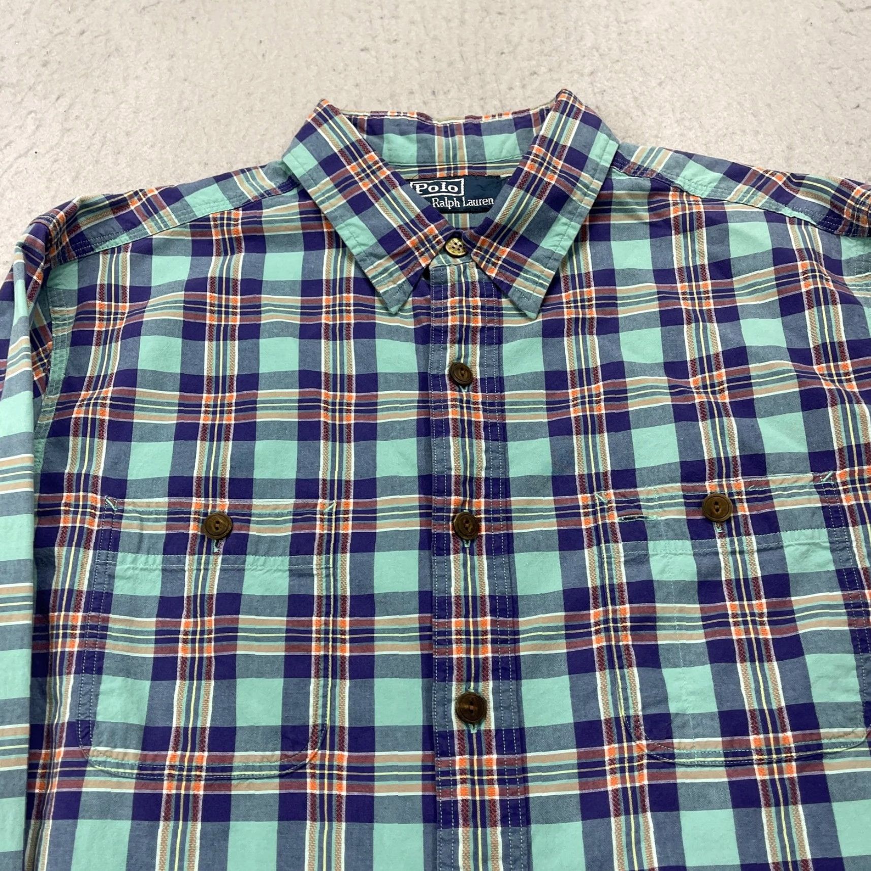Polo Ralph Lauren Polo Ralph Lauren Shirt Mens XL Green Blue Plaid Cotton Casual Button-Up Short Sleeve Not Short Sleeve Size US XL / EU 56 / 4 - 2 Thumbnail