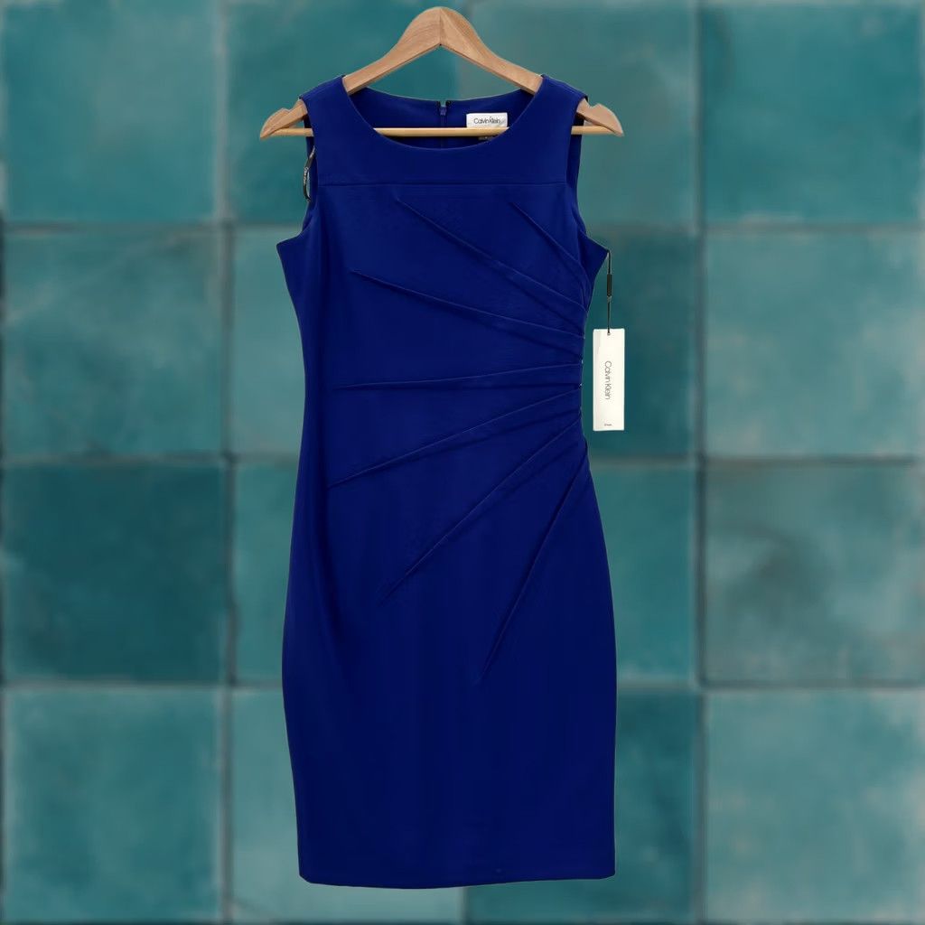calvin klein melodie knit dress Calvin Klein Womens 4 Blue Sleeveless Pleated Sheath Work NWT stylish outfits for women