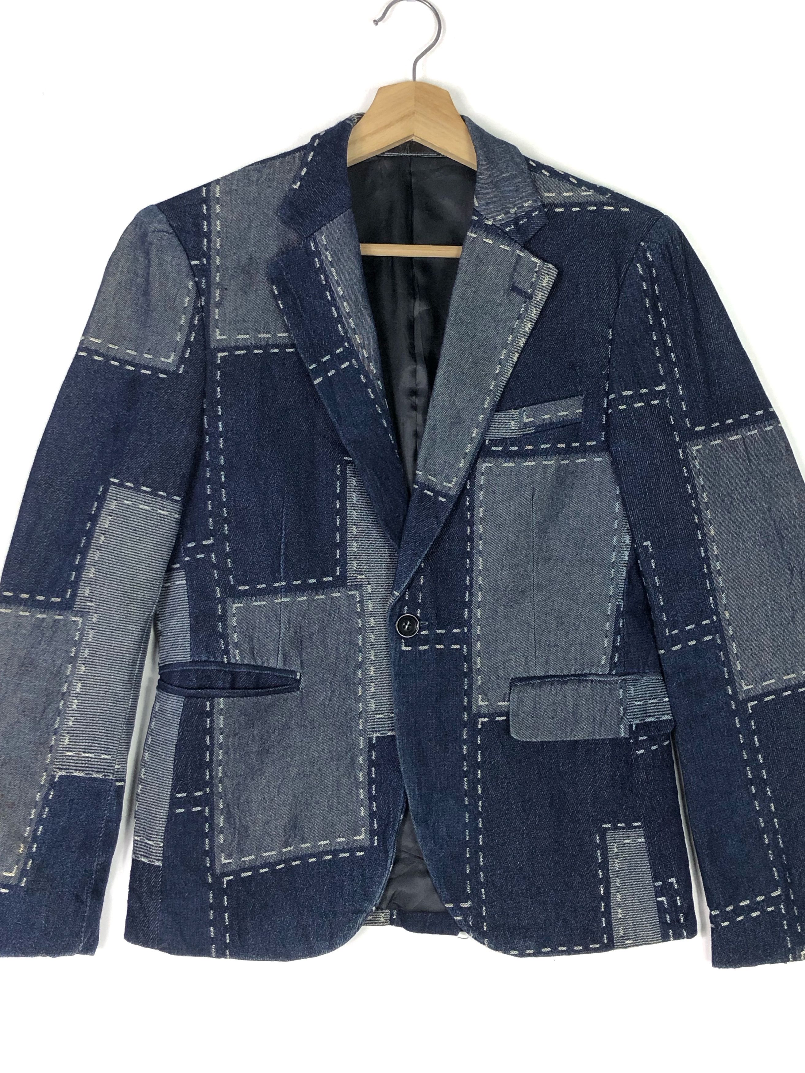 Designer × Indigo × Japanese Brand 5-POCKETS UNISEX COTTON DENIM PATCHWORK PRINT BLAZER COAT Size US XS / EU 42 / 0 - 7 Thumbnail