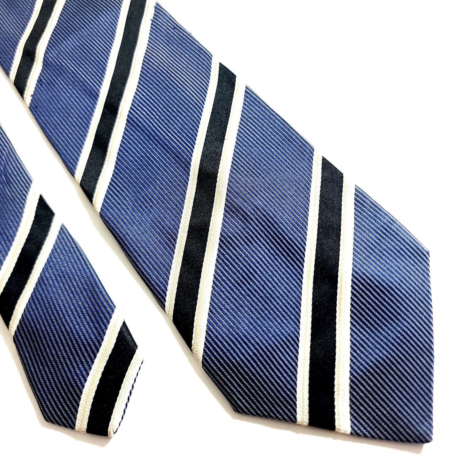 Designer Timo Cojuna Woven Blue Black Cream Striped Woven Tie Size ONE SIZE - 1 Thumbnail