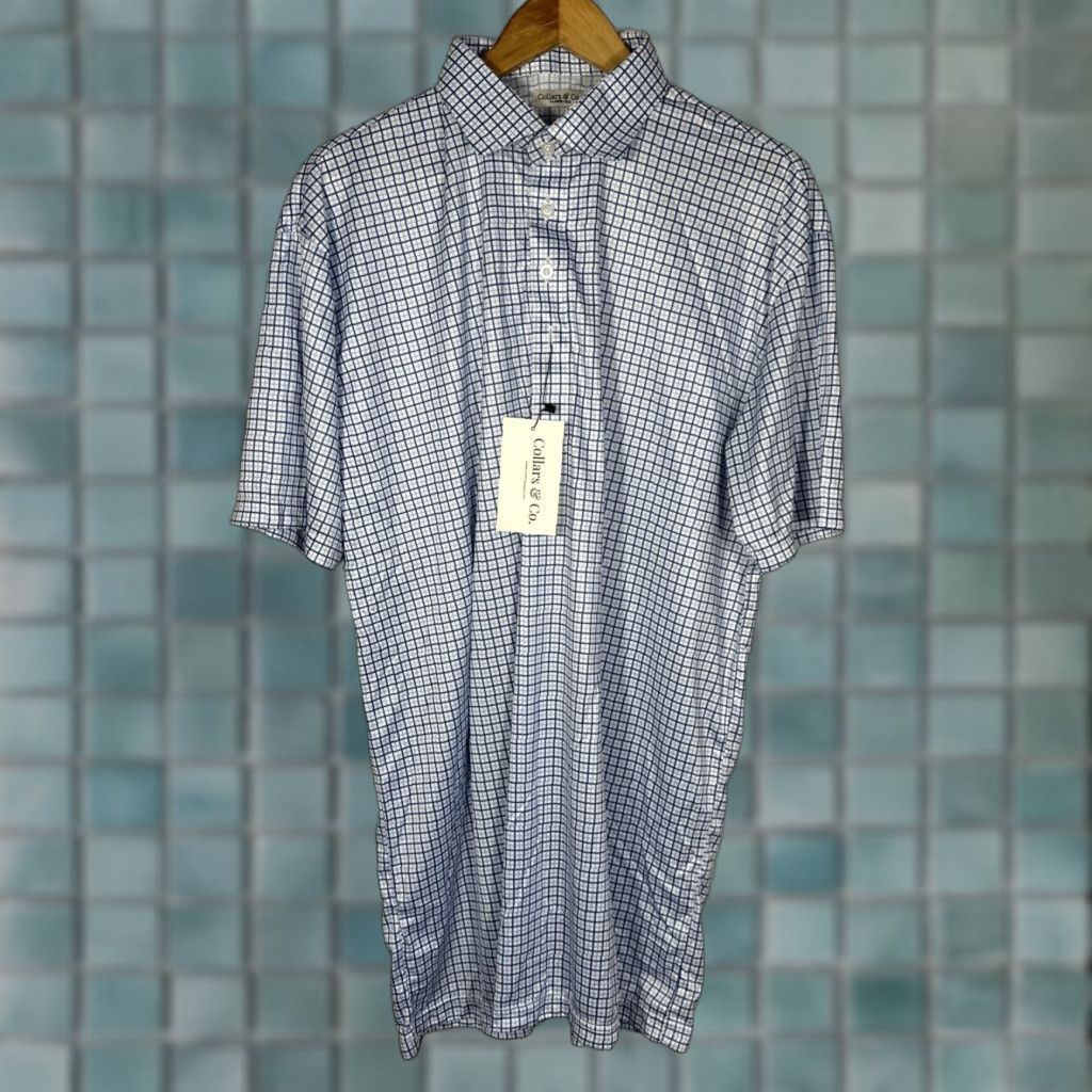 CO Collars & Co Polo Dress XL Tall Blue Tattersall Spread Collar Polo Shirt Men Mens 4-Season Stretch Lightweight Golf Casual Business Travel Dress Shirt Size US XL / EU 56 / 4 - 1 Thumbnail
