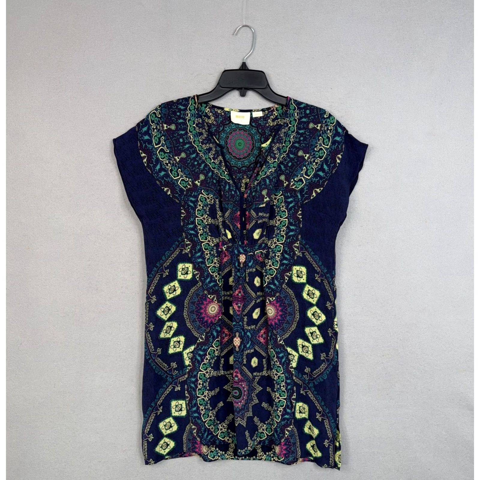 Vintage Maeve Dress Ws Small Blue Geometric Medallion Silk V Neck Shift Short Cap Sleeve Casual Size 28" / US 6 / IT 42 - 2 Thumbnail