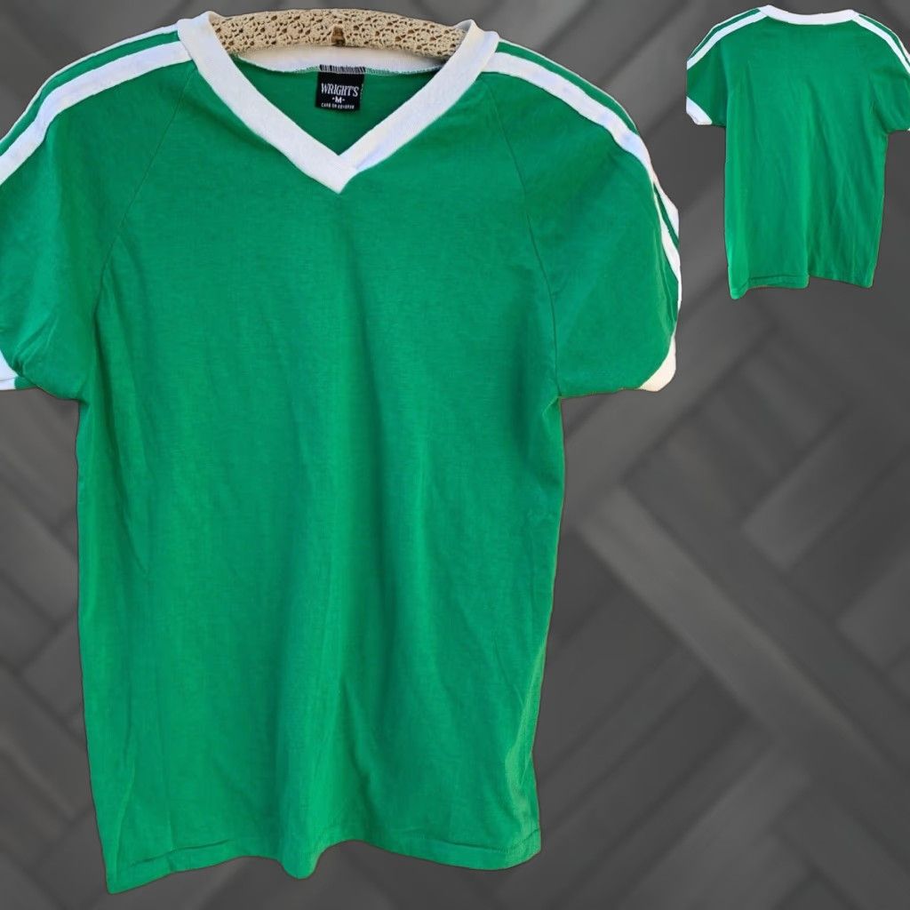 Vintage VINTAGE Wrights T Shirt Short Sleeve V Neck Ringer Tee Made In USA Size M Green Casual Mens Vintage 50% cotton 50% polyester) Size US M / EU 48-50 / 2 - 1 Thumbnail