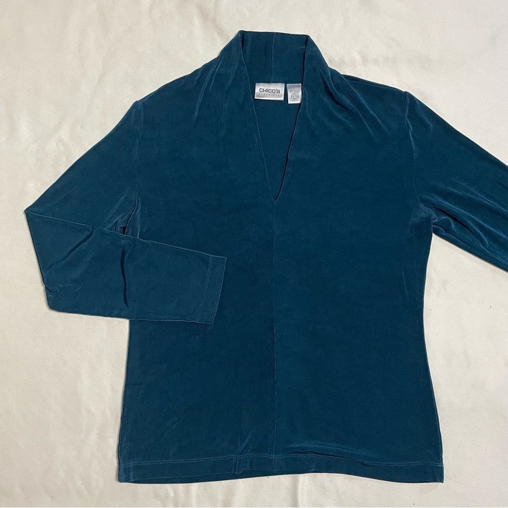 Chicos Chico's Travelers Turquoise Liquid Knit V-Neck Top Size 2 U Size L / US 10 / IT 46 - 6 Thumbnail