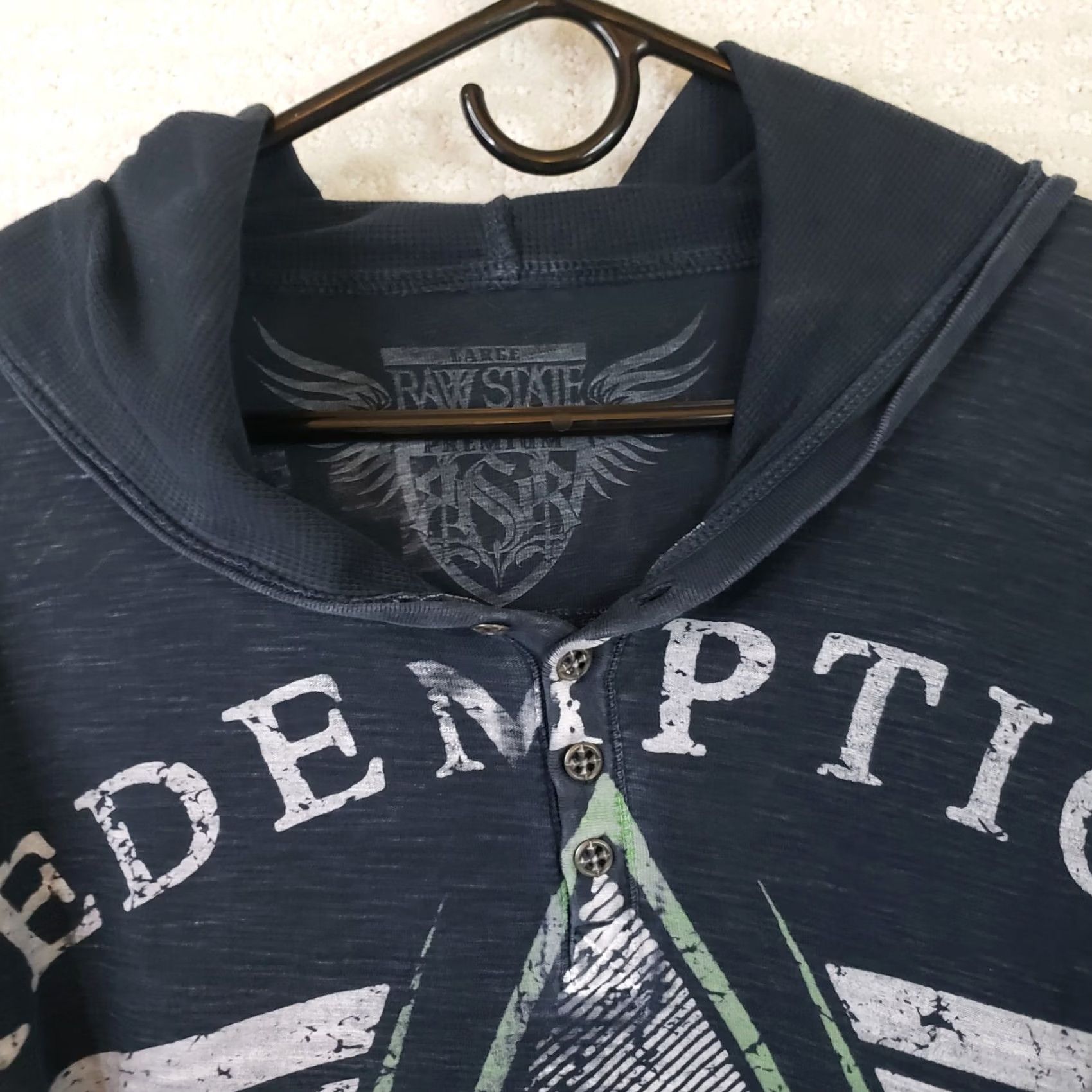 Vintage Raw State Premium Hooded Henley Tee Mens L Black Graphic Print USA Shirt Size US L / EU 52-54 / 3 - 5 Thumbnail