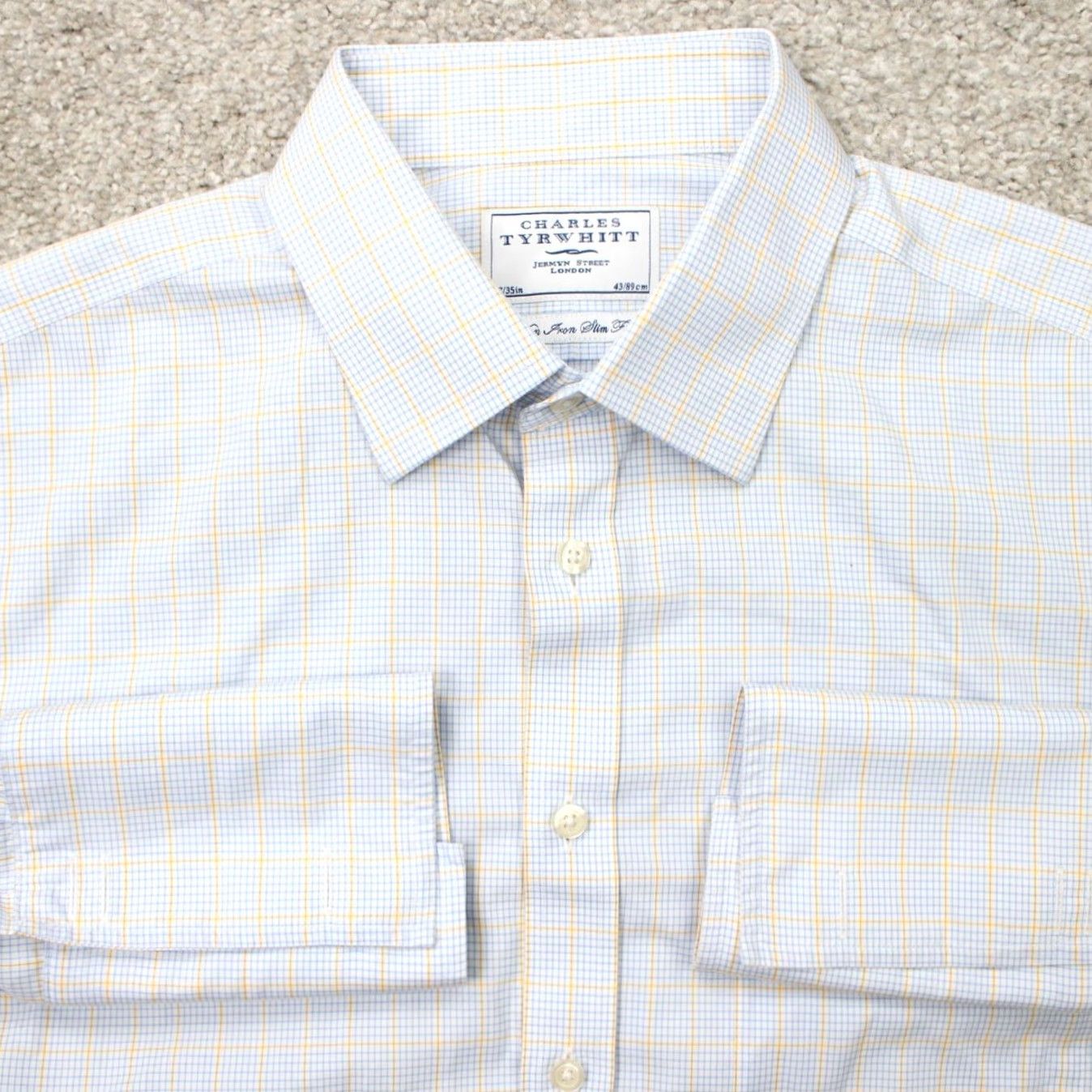 Charles Tyrwhitt Charles Tyrwhitt Shirt Mens 17 35 Blue/Yellow Non Iron Slim Fit 100% Cotton L/S Shirt Size US XL / EU 56 / 4 - 2 Thumbnail