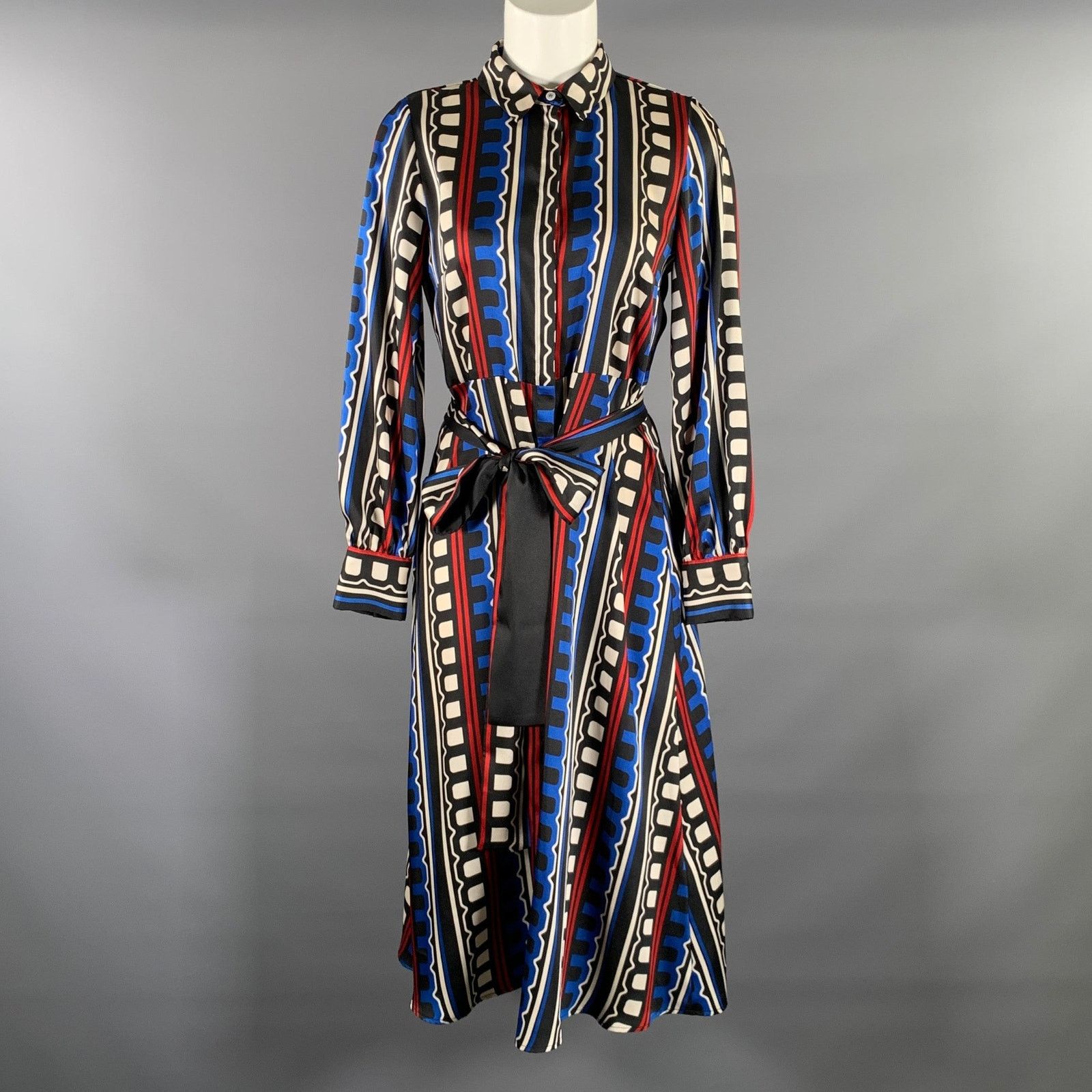 Marella MARELLA Black White & Navy Polyester Geometric Midi Dress Size S / US 4 / IT 40 - 1 Thumbnail