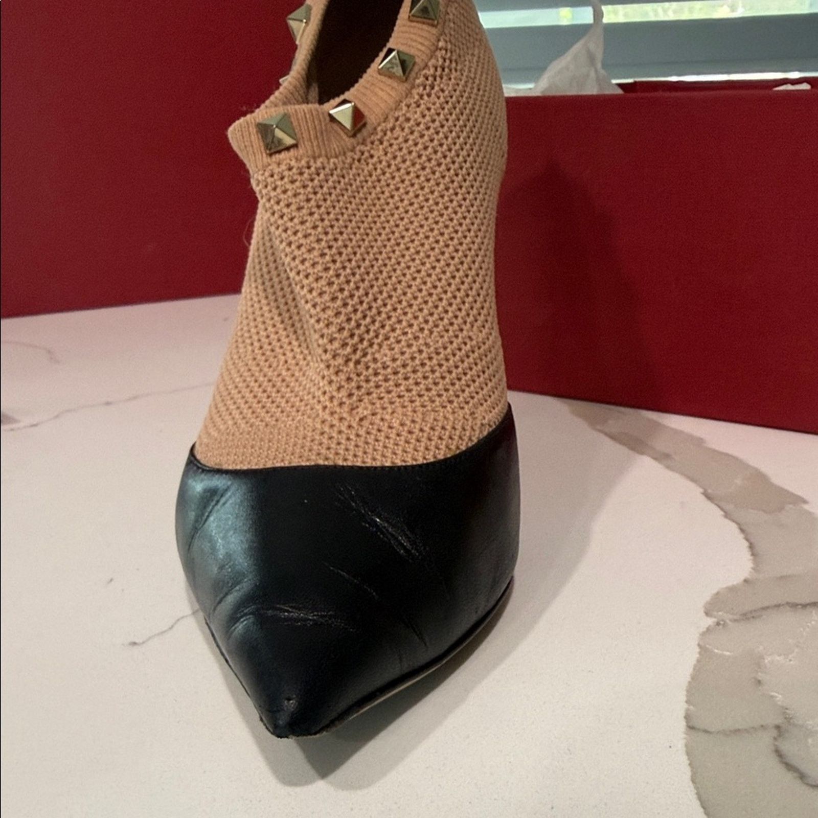 Valentino Valentino Garavani Beige Mesh Black Leather Studded Bootie Size US 8.5 / IT 38.5 - 6 Thumbnail