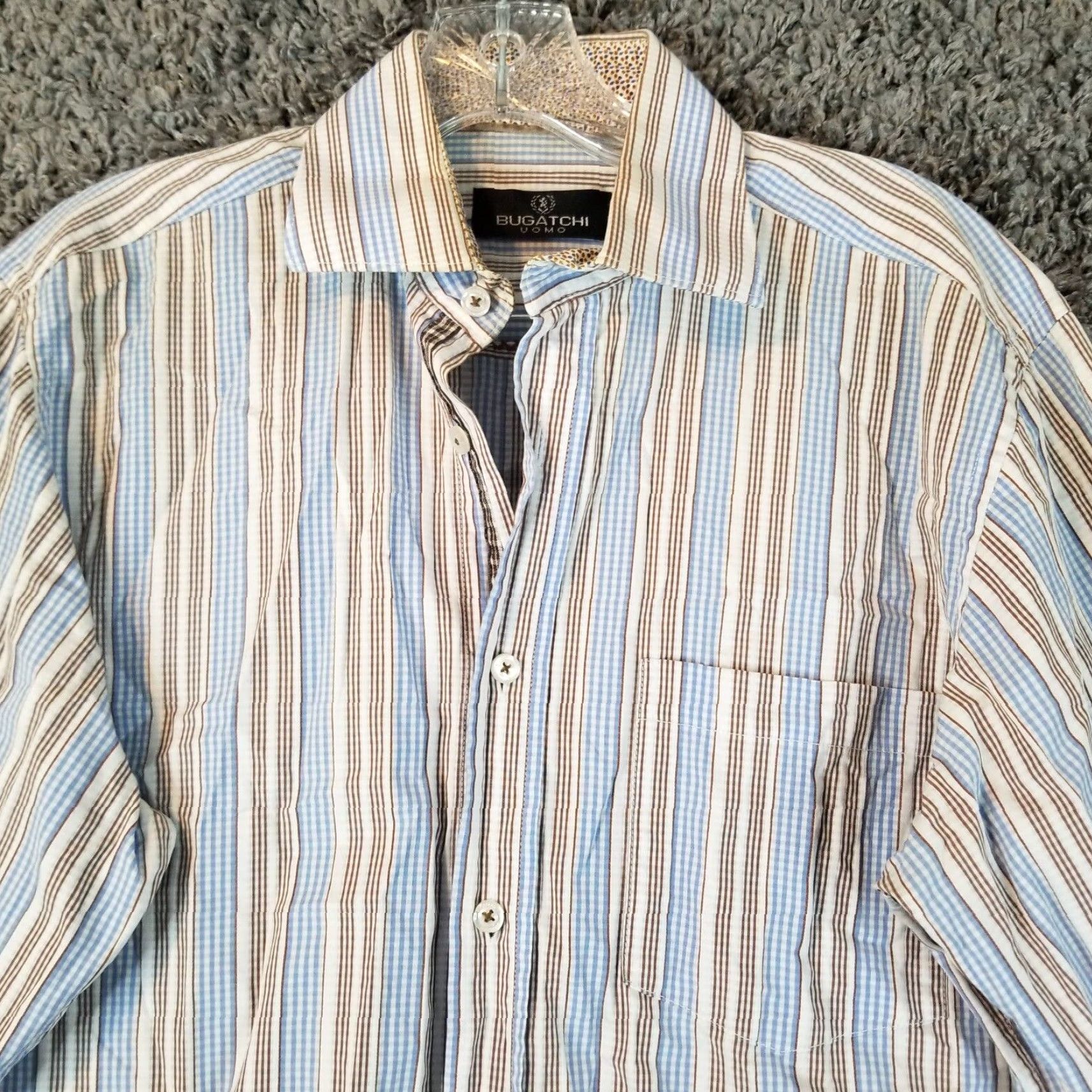 BUGATCHI BUGATCHI UOMO Shirt Long Sleeve Button-Up Size M Brown Blue Striped Men’s Casual Business Dress Shirt Size US M / EU 48-50 / 2 - 2 Thumbnail