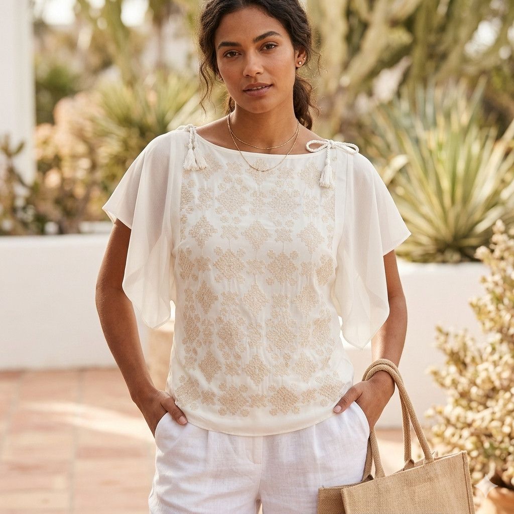Mossimo Mossimo Size XS Blouse White Cream Embroidered Angel Sleeves Size XS / US 0-2 / IT 36-38 - 2 Thumbnail