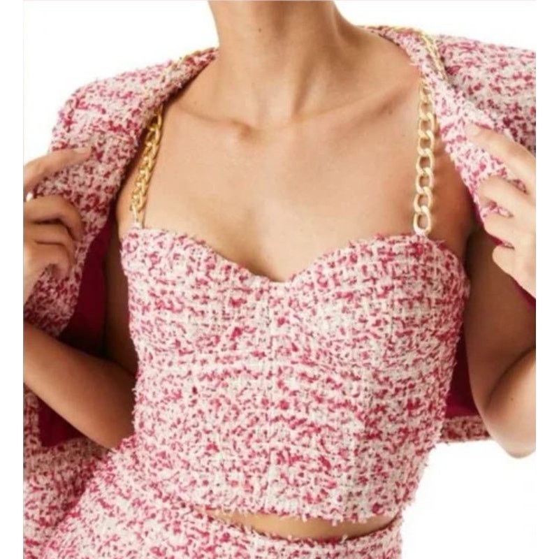 Alice + Olivia Alice +Olivia Cristi Pink Tweed Chain Bustier Crop Top 14 Size XL / US 12-14 / IT 48-50 - 1 Thumbnail
