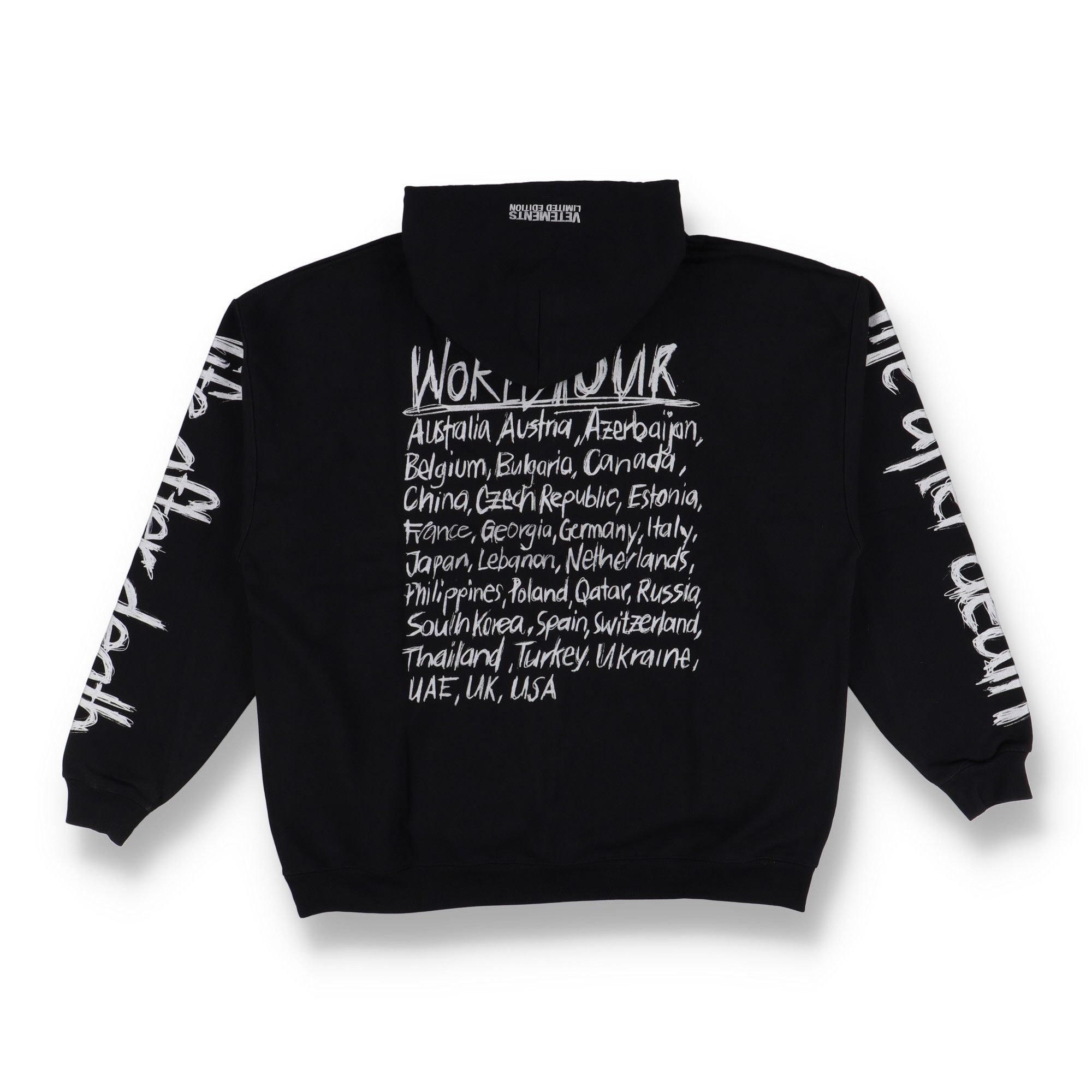 Vetements Black and Silver World Tour Logo Oversized Hoodie | Grailed