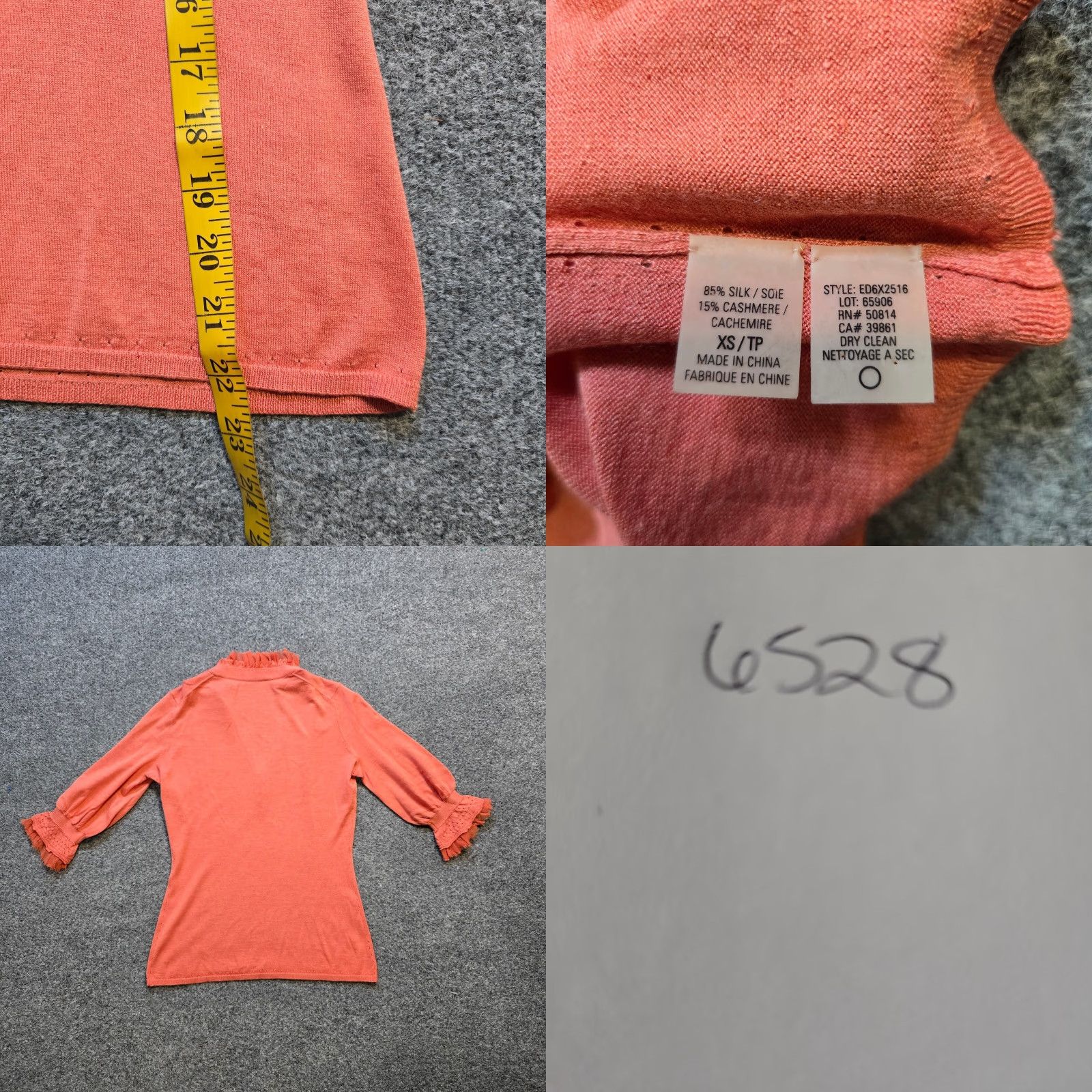 Elie Tahari Elie Tahari Sweater Womens XS Orange Silk Knit Ruffle Trim V-Neck Fitted Pullover Short Sleeve Size XS / US 0-2 / IT 36-38 - 8 Thumbnail
