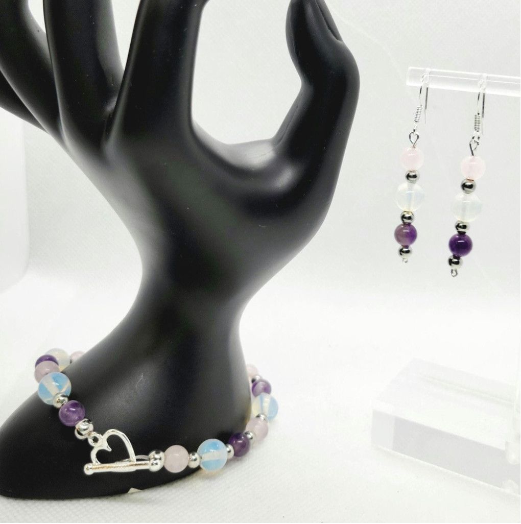 Handmade Natural Crystal rose quartz amethyst opalite bracelet set Size ONE SIZE - 1 Thumbnail