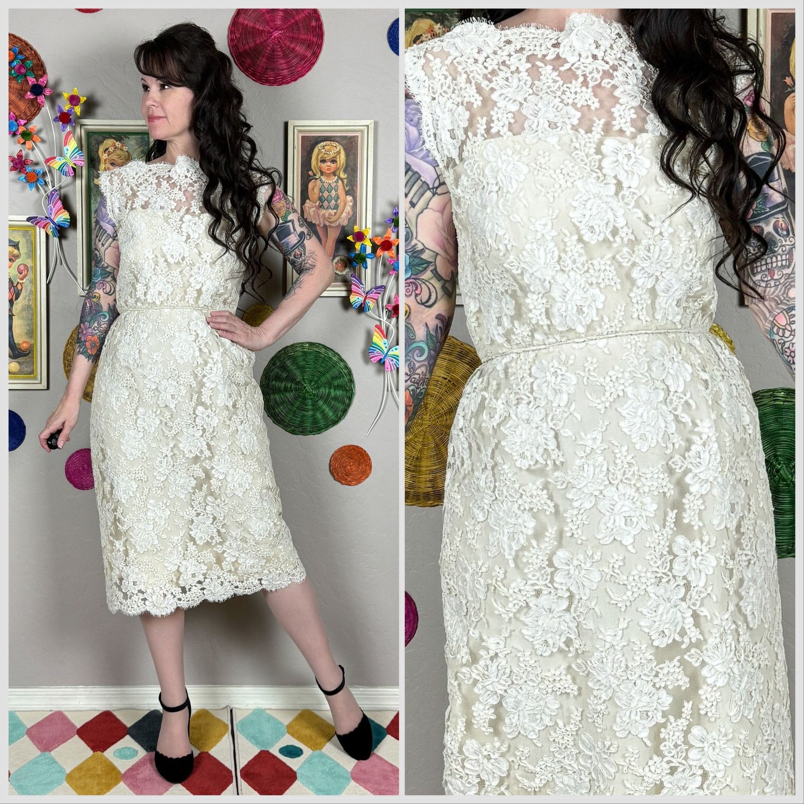 Vintage 1960s Sleeveless Ivory Alencon Lace Illusion Sheath Dress Size S / US 4 / IT 40 - 1 Thumbnail
