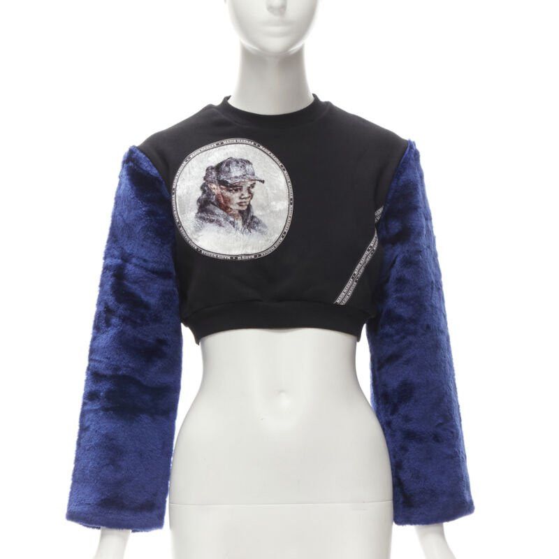 Nasir Mazhar NASIR MAZHAR black velvet print blue faux fur sleeve cropped sweatshirt S Size ONE SIZE - 1 Thumbnail