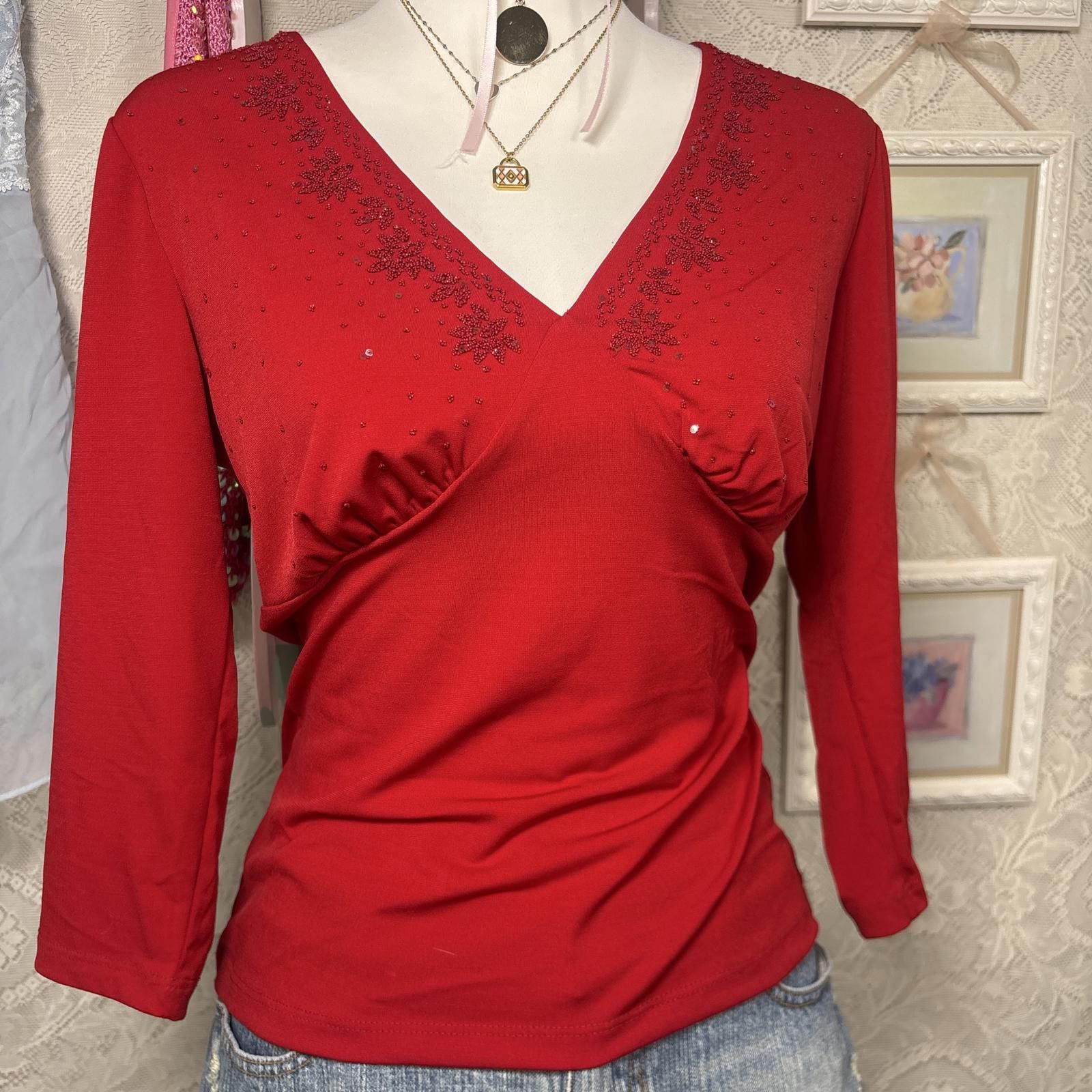 Other y2k red beaded v neck blouse top Size M / US 6-8 / IT 42-44 - 3 Thumbnail