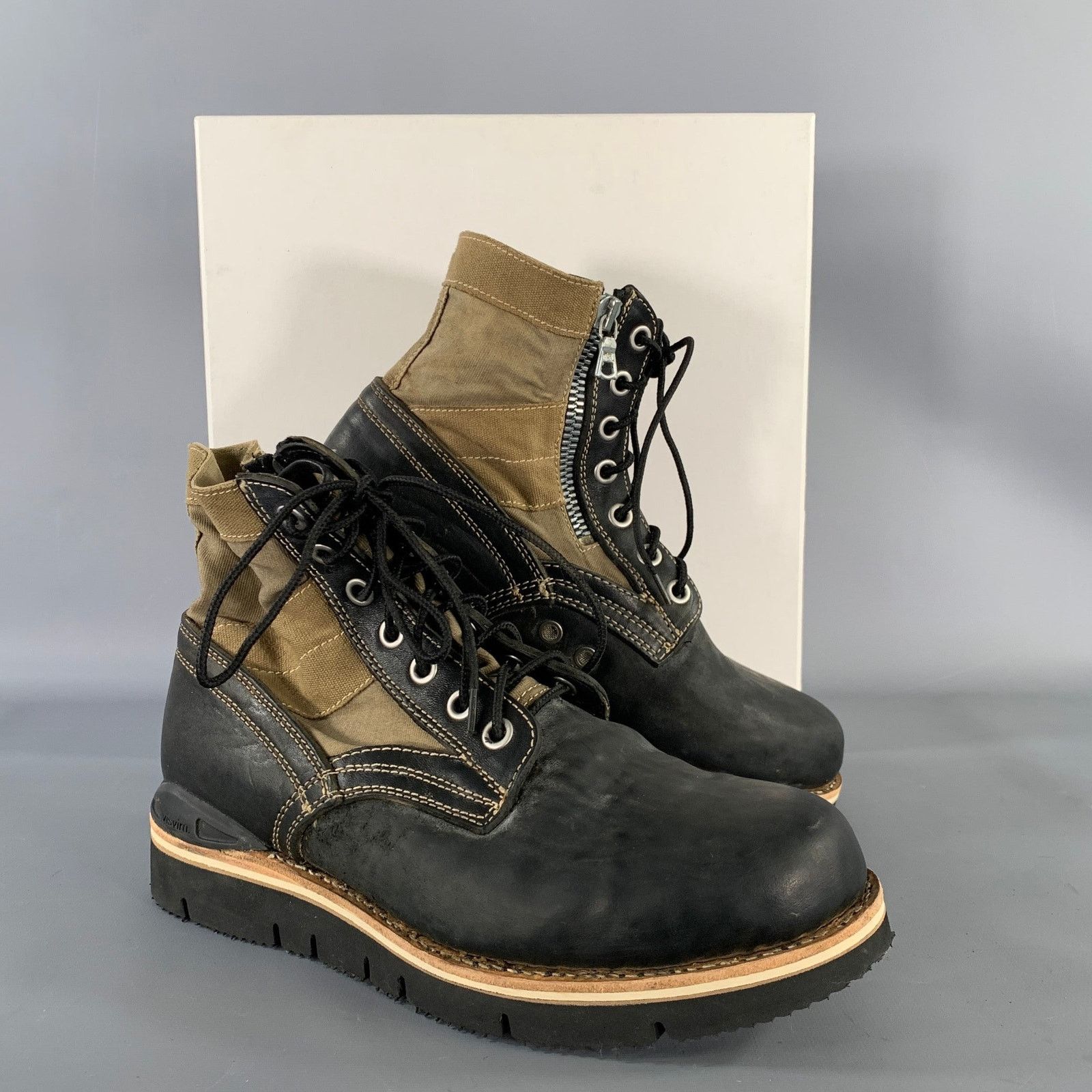 Visvim Black Olive Distressed Leather Canvas Lace Up Boots Size US 9.5 / EU 42-43 - 8 Thumbnail