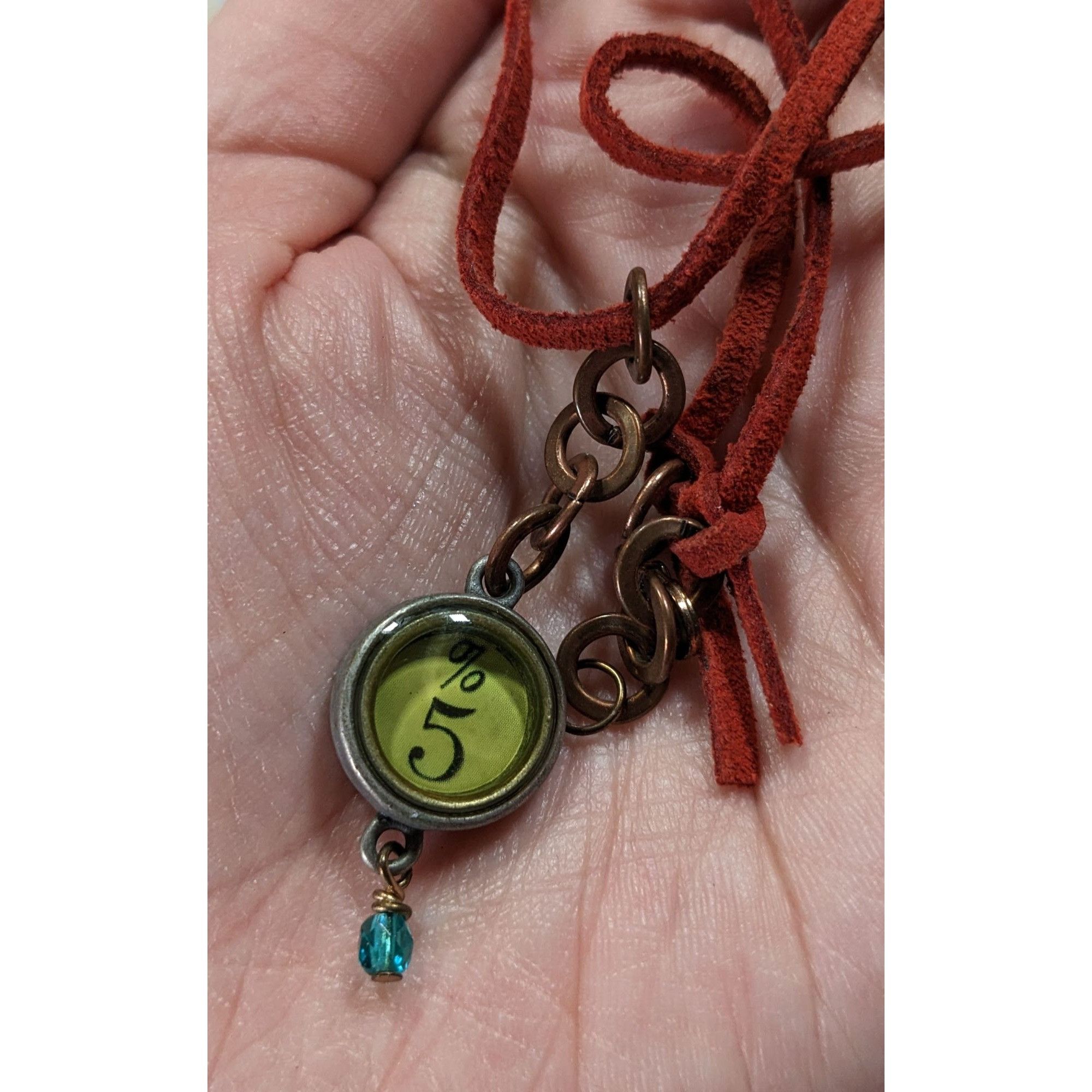 Handmade Handcrafted Steampunk Red Suede Necklace With %5 Green Charm Size ONE SIZE - 3 Thumbnail