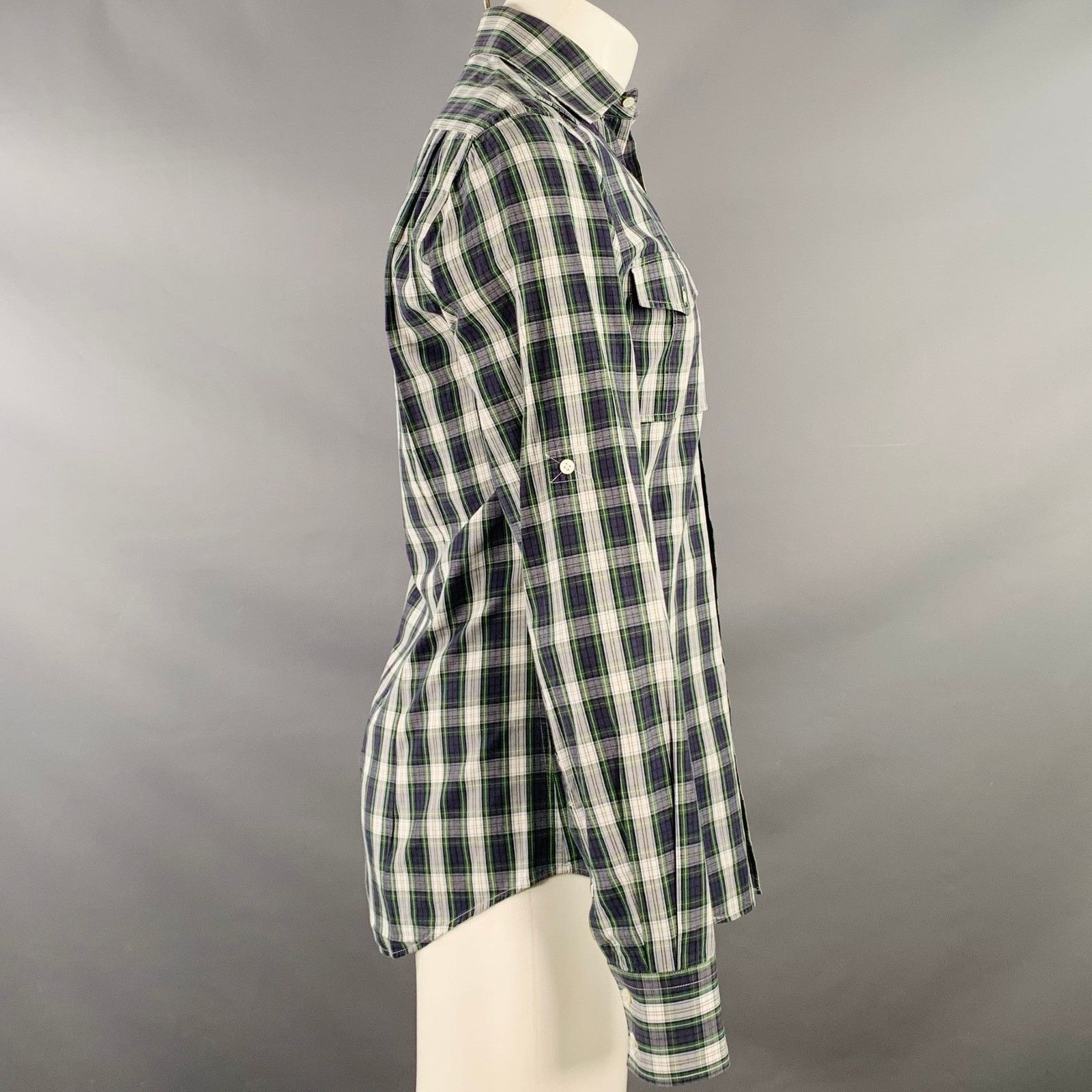 Michael Bastian Navy White Green Plaid Cotton Roll Tab Long Sleeve Shirt Size US S / EU 44-46 / 1 - 3 Thumbnail