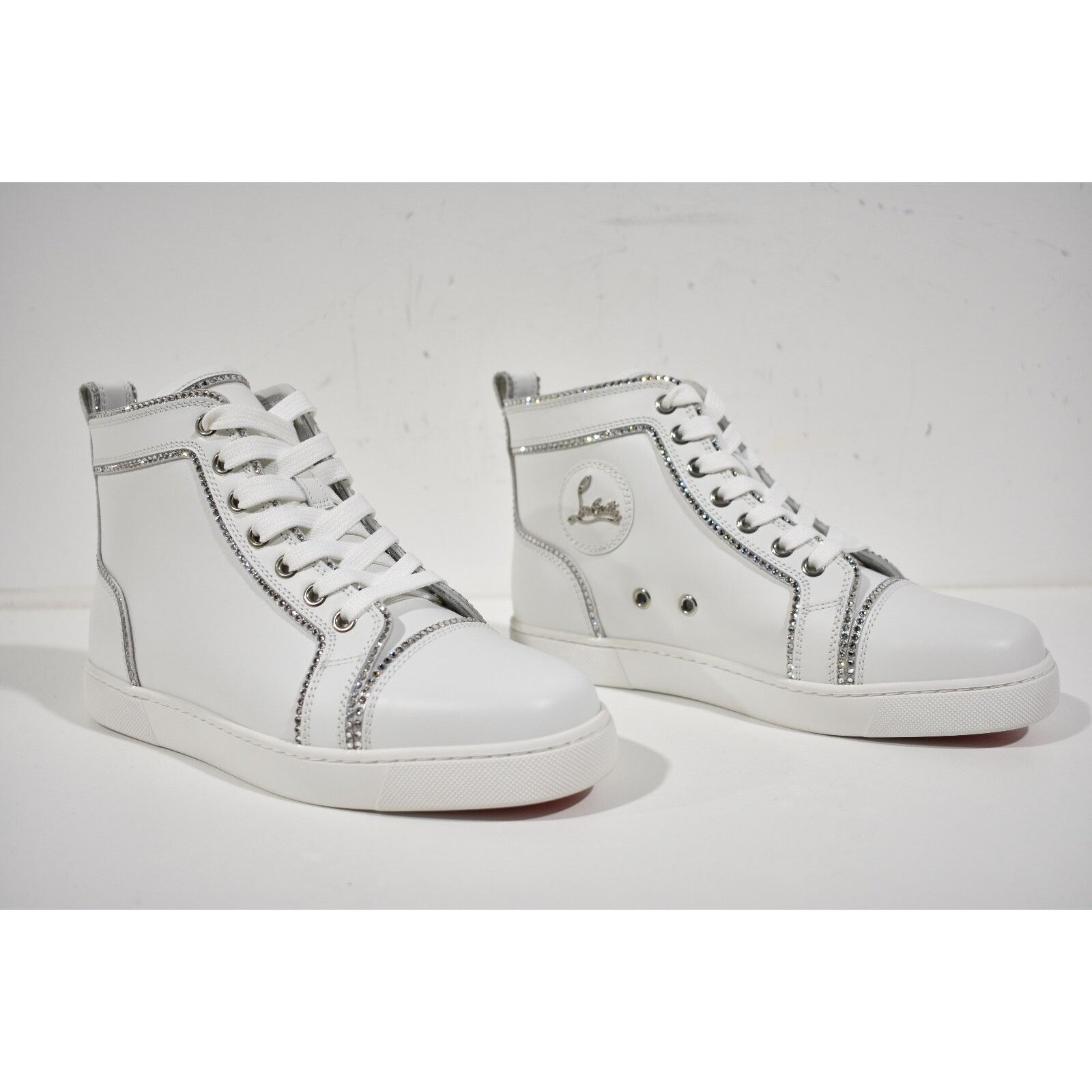 Christian Louboutin Louis Bordo Strass White Leather Flat High Top Sneaker 37 Size US 7 / IT 37 - 3 Thumbnail