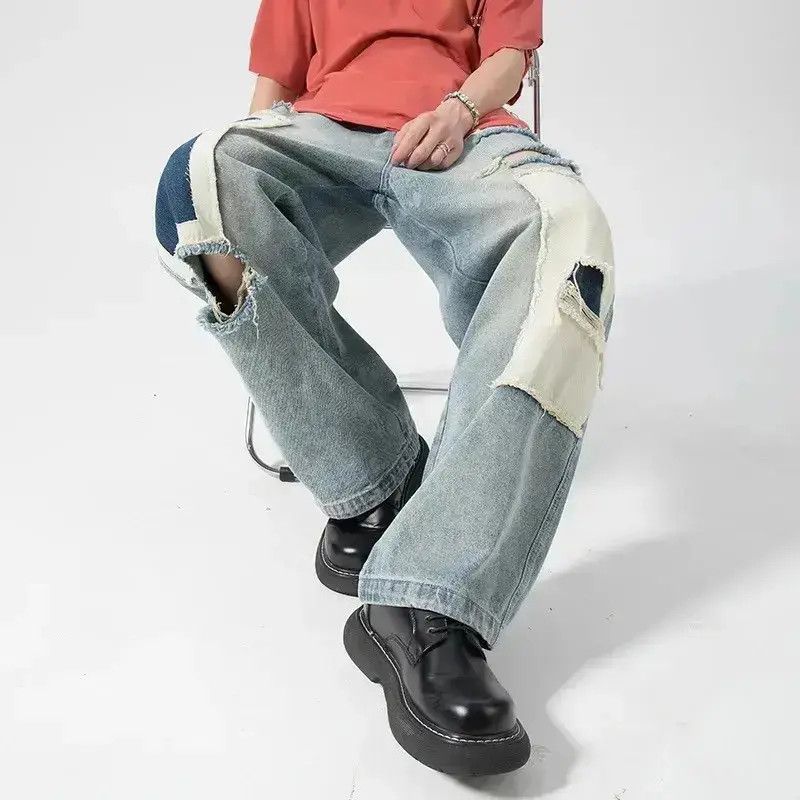Japanese Brand Distressed Patch Contrast Denim Men's Loose Fitting Straight Size US 32 / EU 48 - 2 Thumbnail