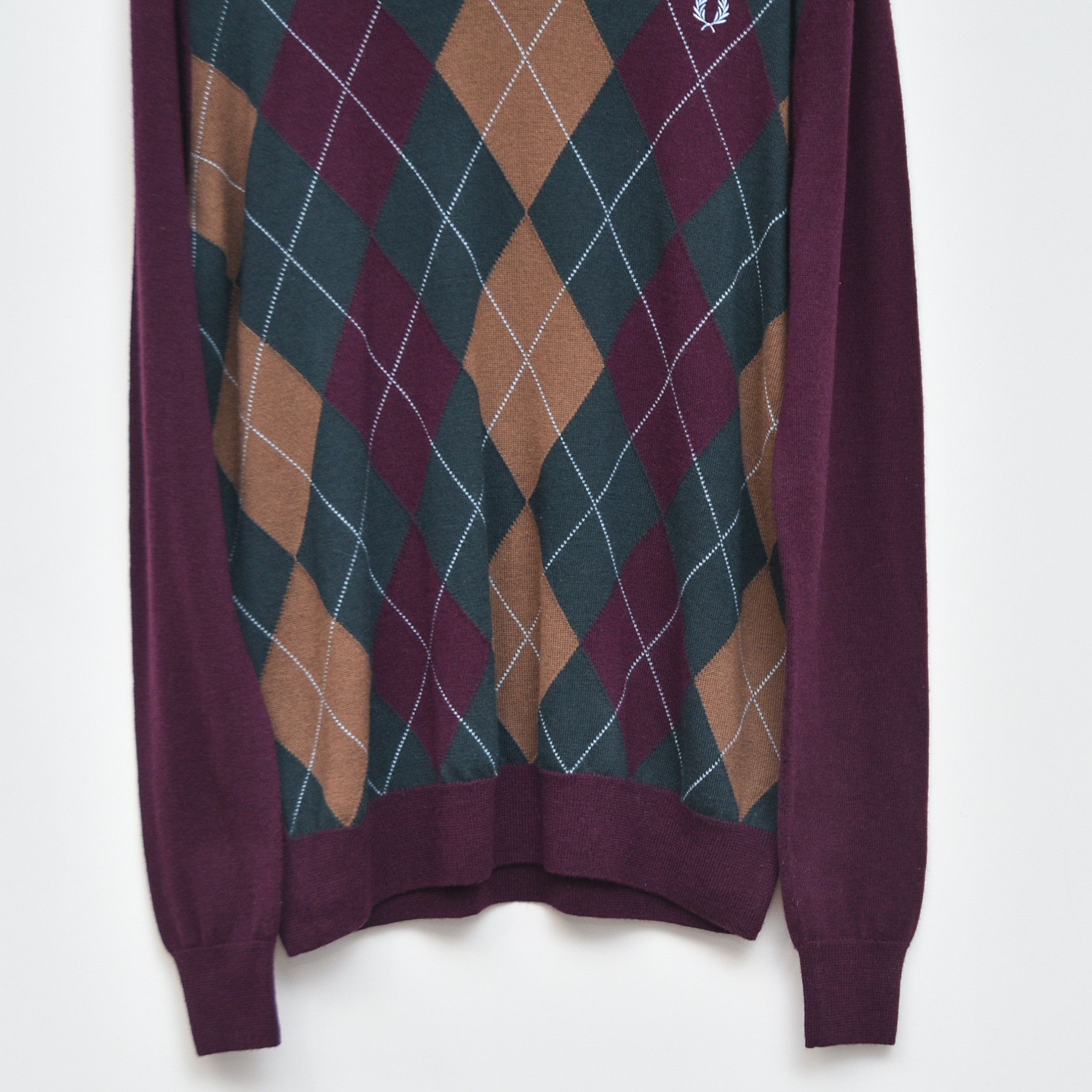 Fred Perry Fred Perry Burgundy V-Neck Argyle Wool Jumper Merino Wool Size US L / EU 52-54 / 3 - 3 Thumbnail