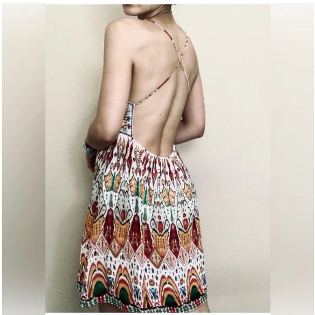 Zara ZARA Chiffon Printed Strappy Embroidered Dress Open Back XS Size XS / US 0-2 / IT 36-38 - 4 Thumbnail