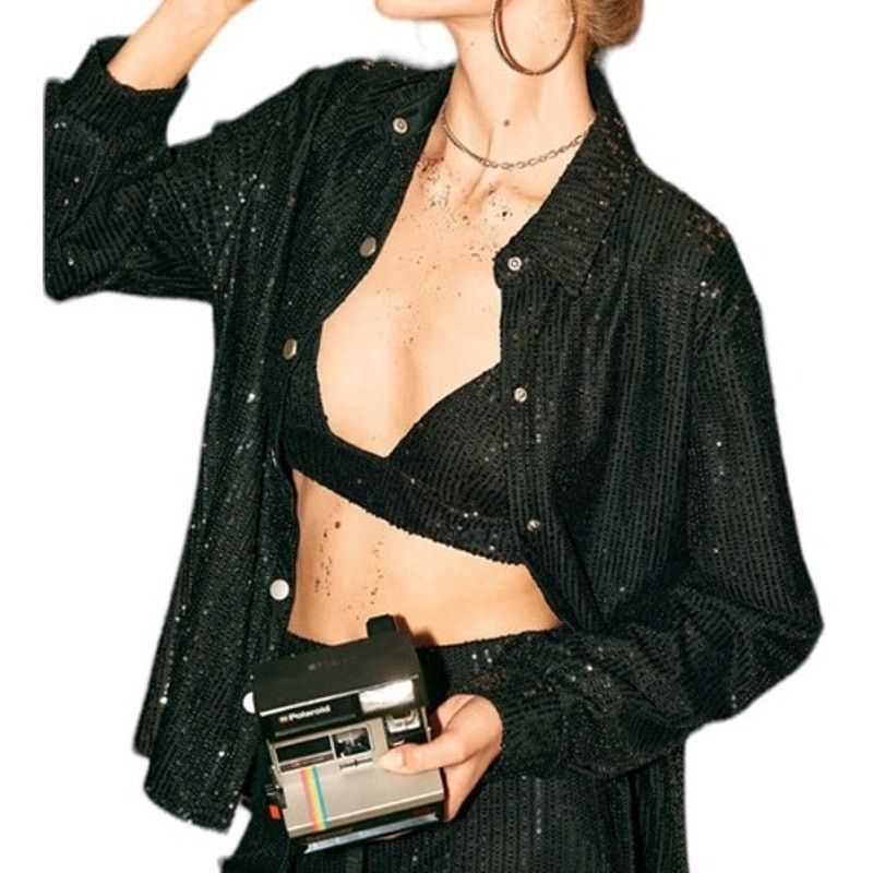 Other Micas Black Long Sleeve Collar Sequin Button Up Party Shirt Size S / US 4 / IT 40 - 5 Thumbnail