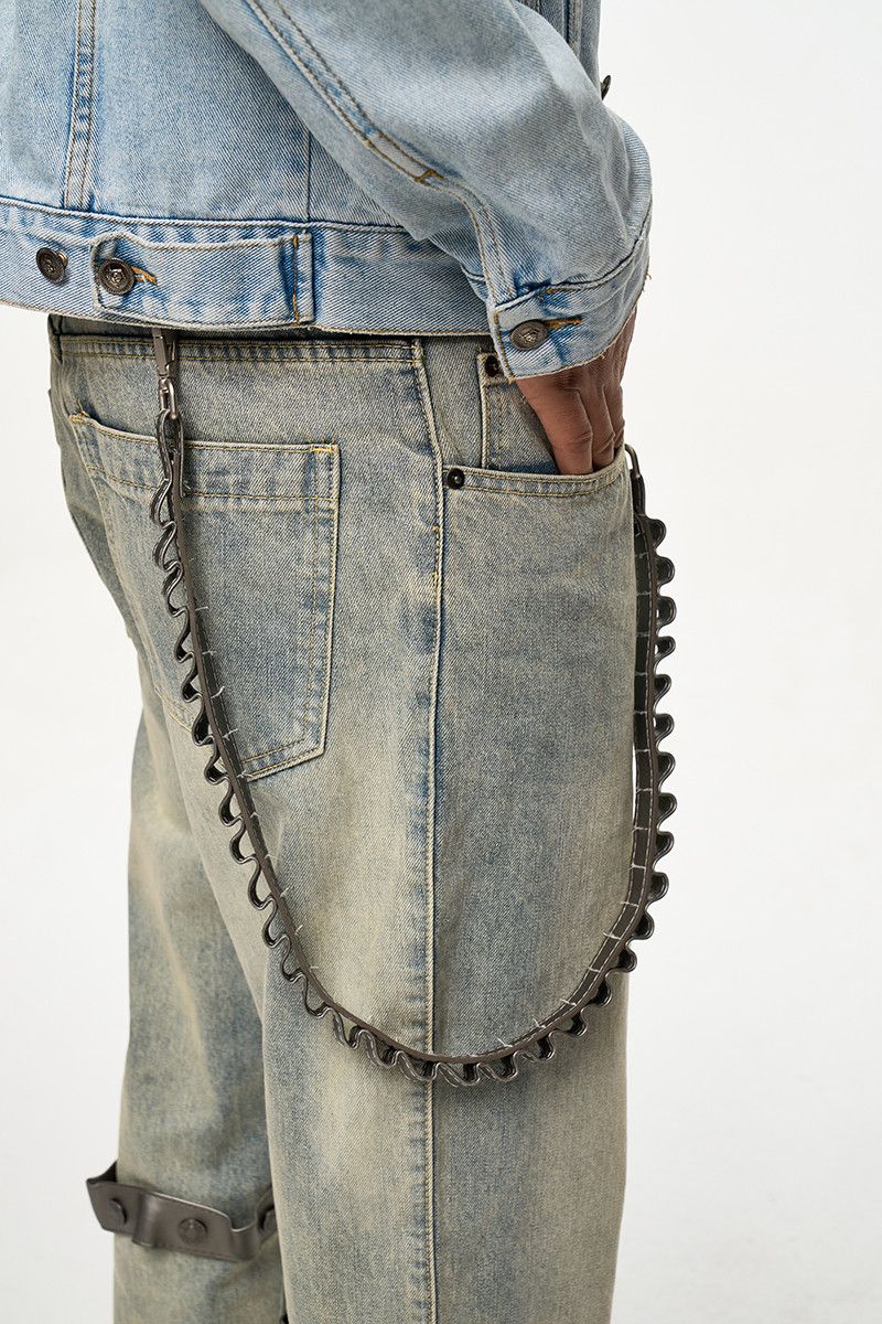 Leather × Vintage Raw Hem Rustic Burr Jeans Removable Leather Strap Size US 33 - 5 Thumbnail
