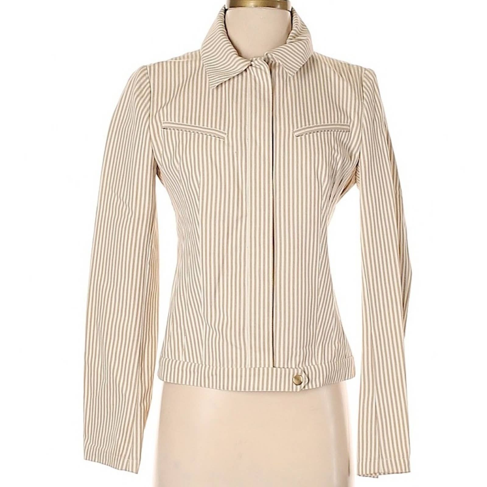 image of Nwt! Costume National Designer Tan Striped Cotton Jacket in White, Women's (Size Small)