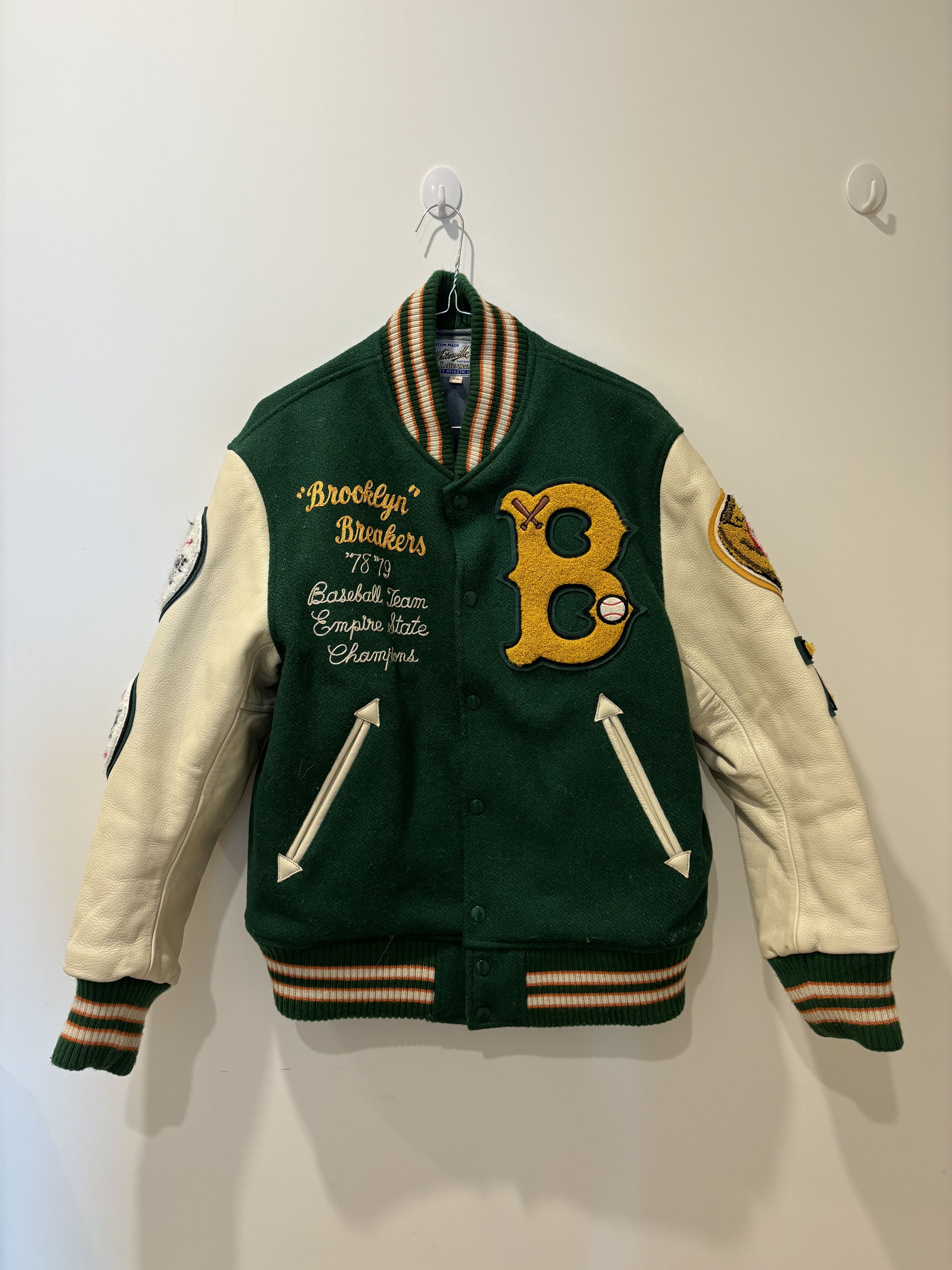 image of Toyo Enterprises Wool Melton Award Jacket “Brooklyn Breakers” in Green/Ivory, Men's (Size Medium)