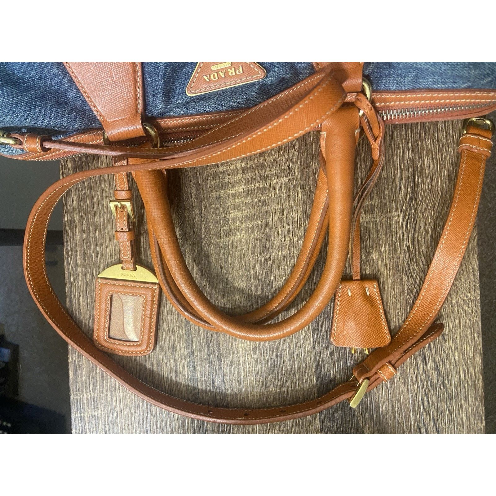 Prada Prada Bauletto blue denim orange saffiano 2way handbag, good Size ONE SIZE - 24 Thumbnail
