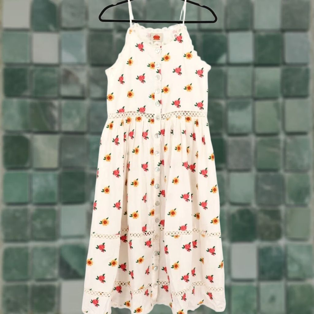 Farm Rio Farm Rio Dress Midi Dress Floral Embroidered Linen Blend XS White Sleeveless Button Front Sundress Womens Size XS / US 0-2 / IT 36-38 - 1 Thumbnail