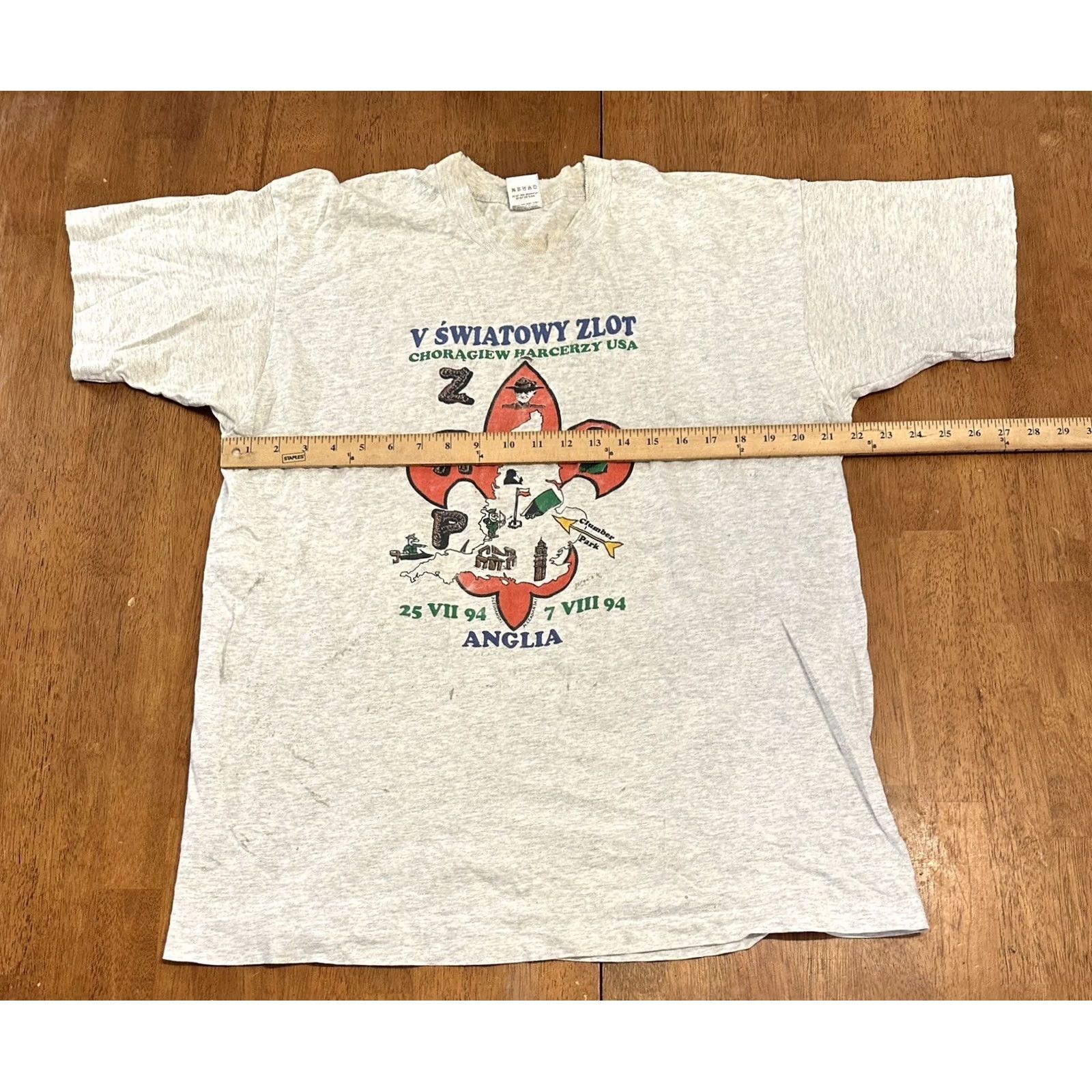 Fruit Of The Loom VINTAGE Polish T Shirt Scout Banner World Rally 1994 XL Gray Mens 90s Single Stitch Size US XL / EU 56 / 4 - 7 Thumbnail